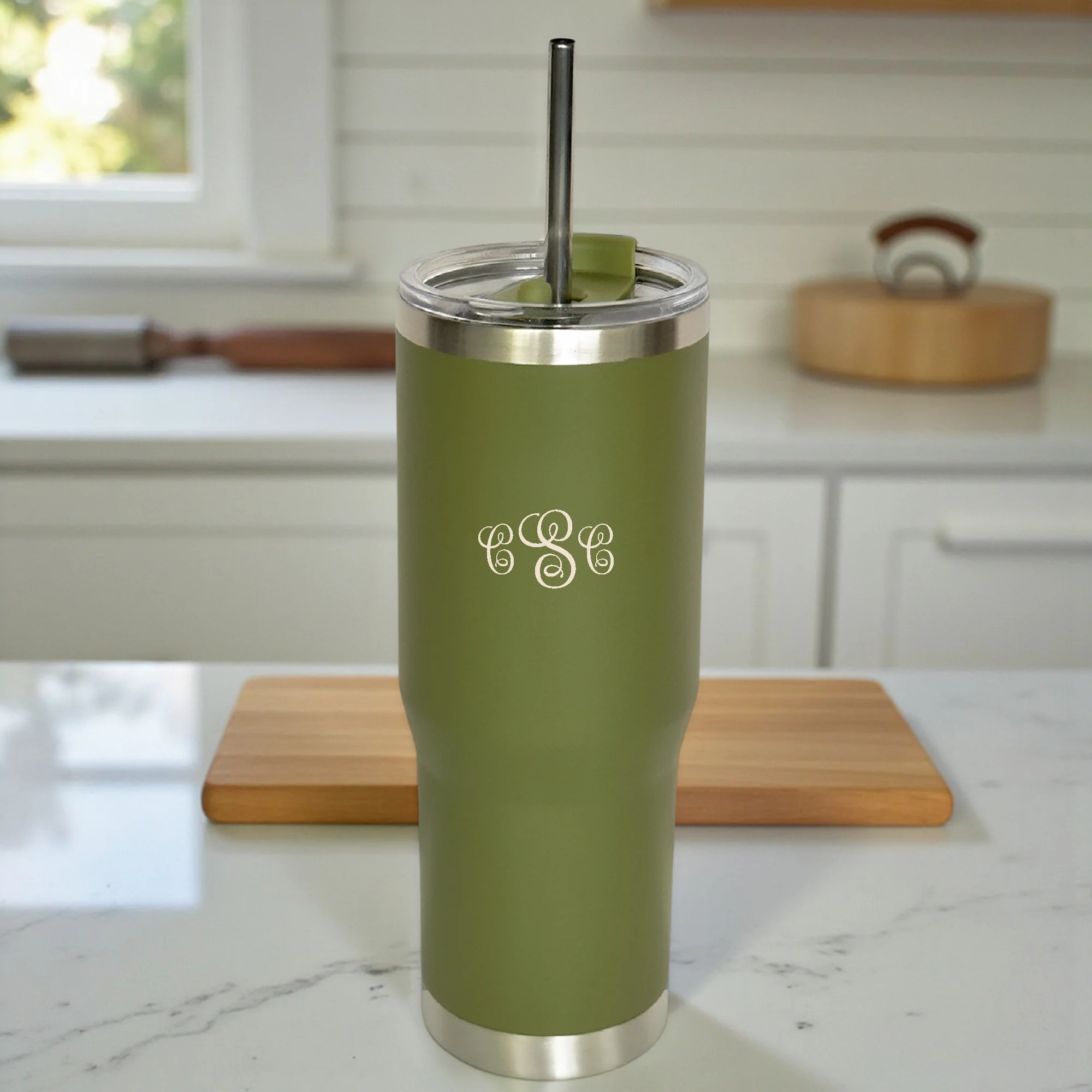 Green Our Lady of Guadalupe Stainless Steel Tumbler with Straw - Image 3