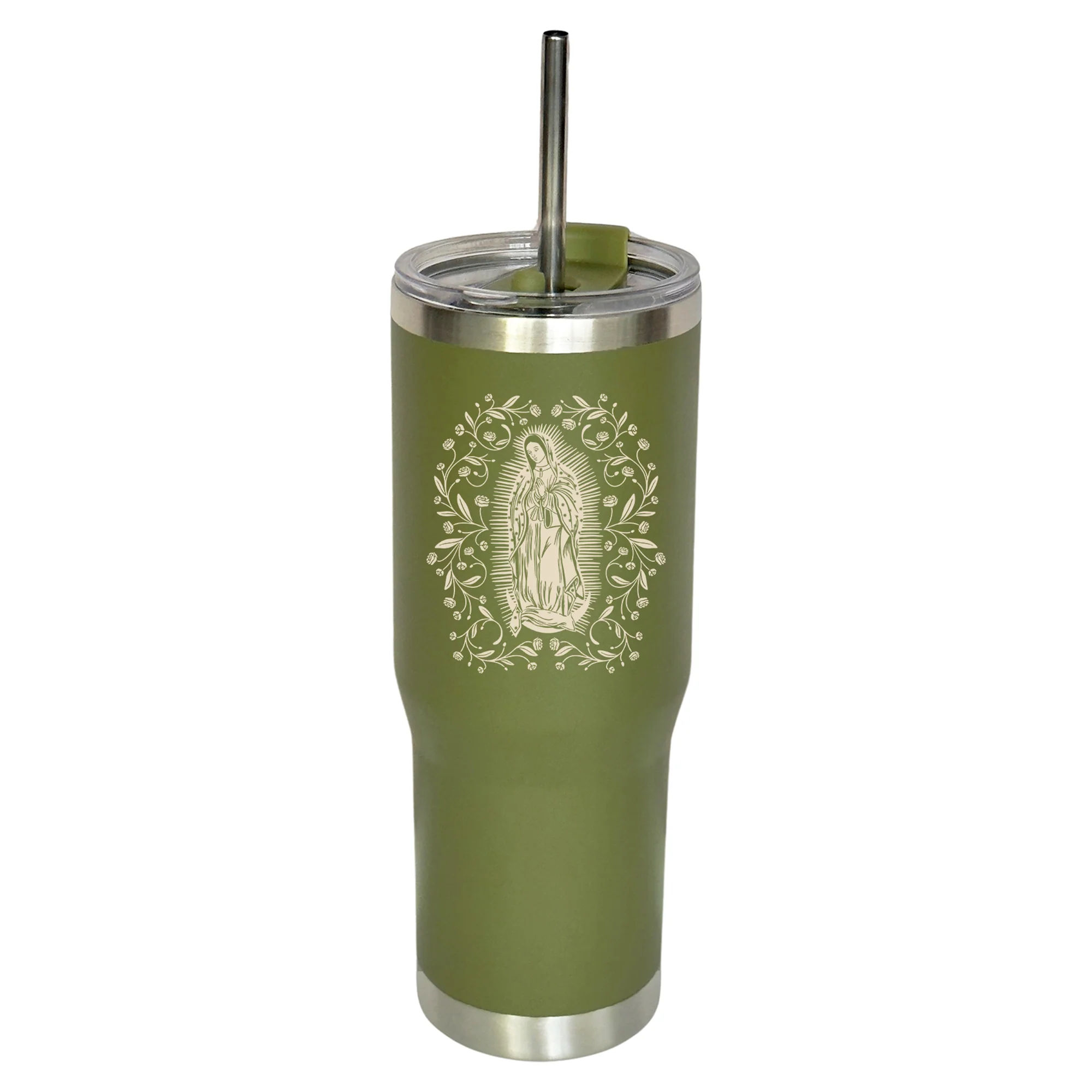 Green Our Lady of Guadalupe Stainless Steel Tumbler with Straw - Image 4