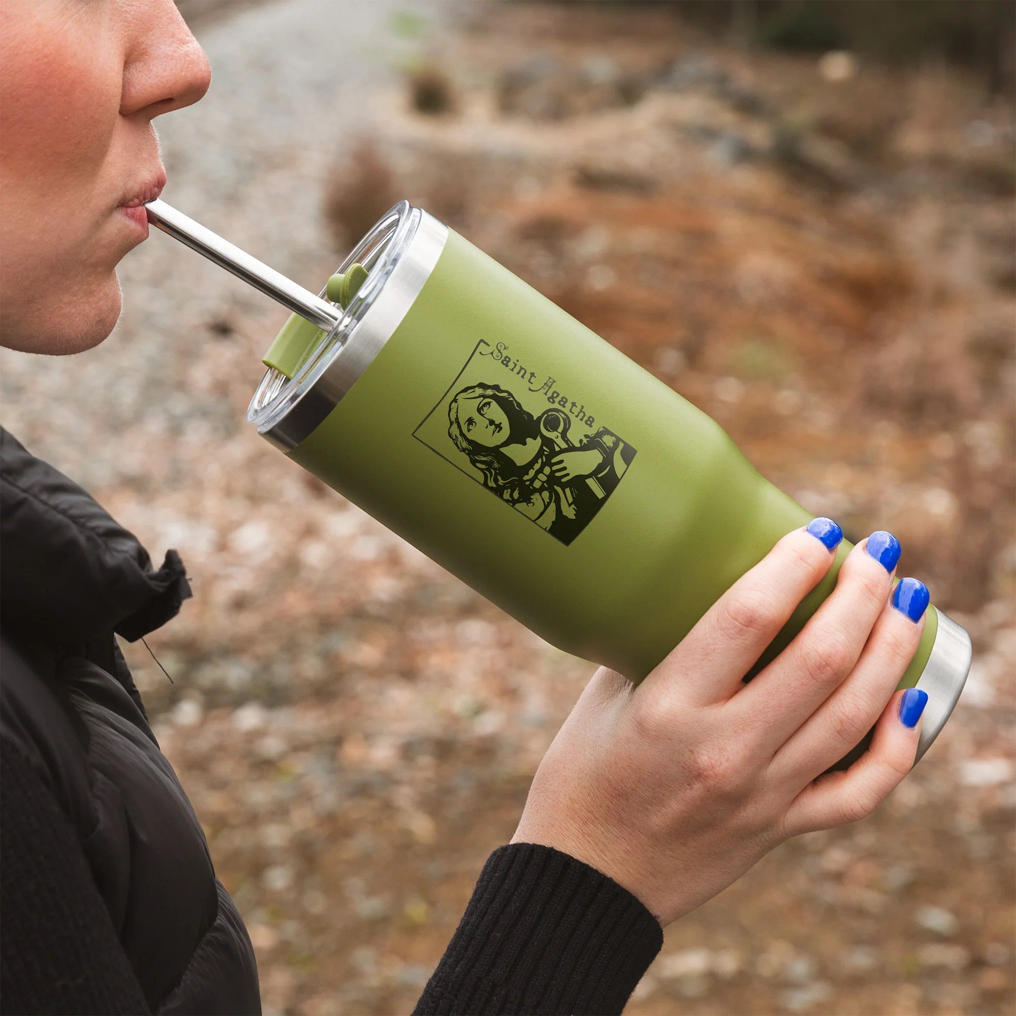 Green St. Agatha Stainless Steel Tumbler with Straw