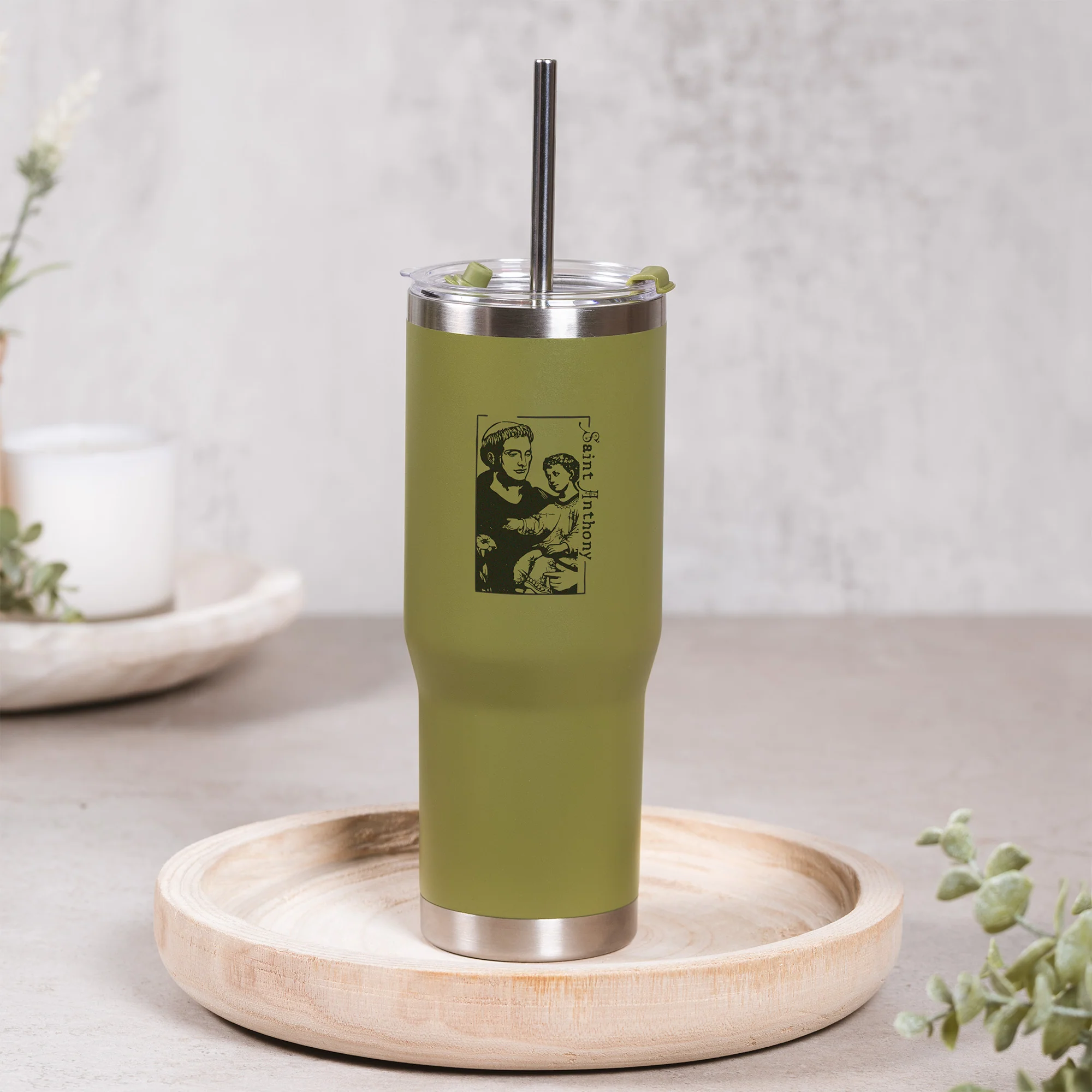 Green St. Anthony Stainless Steel Tumbler with Straw - Image 4