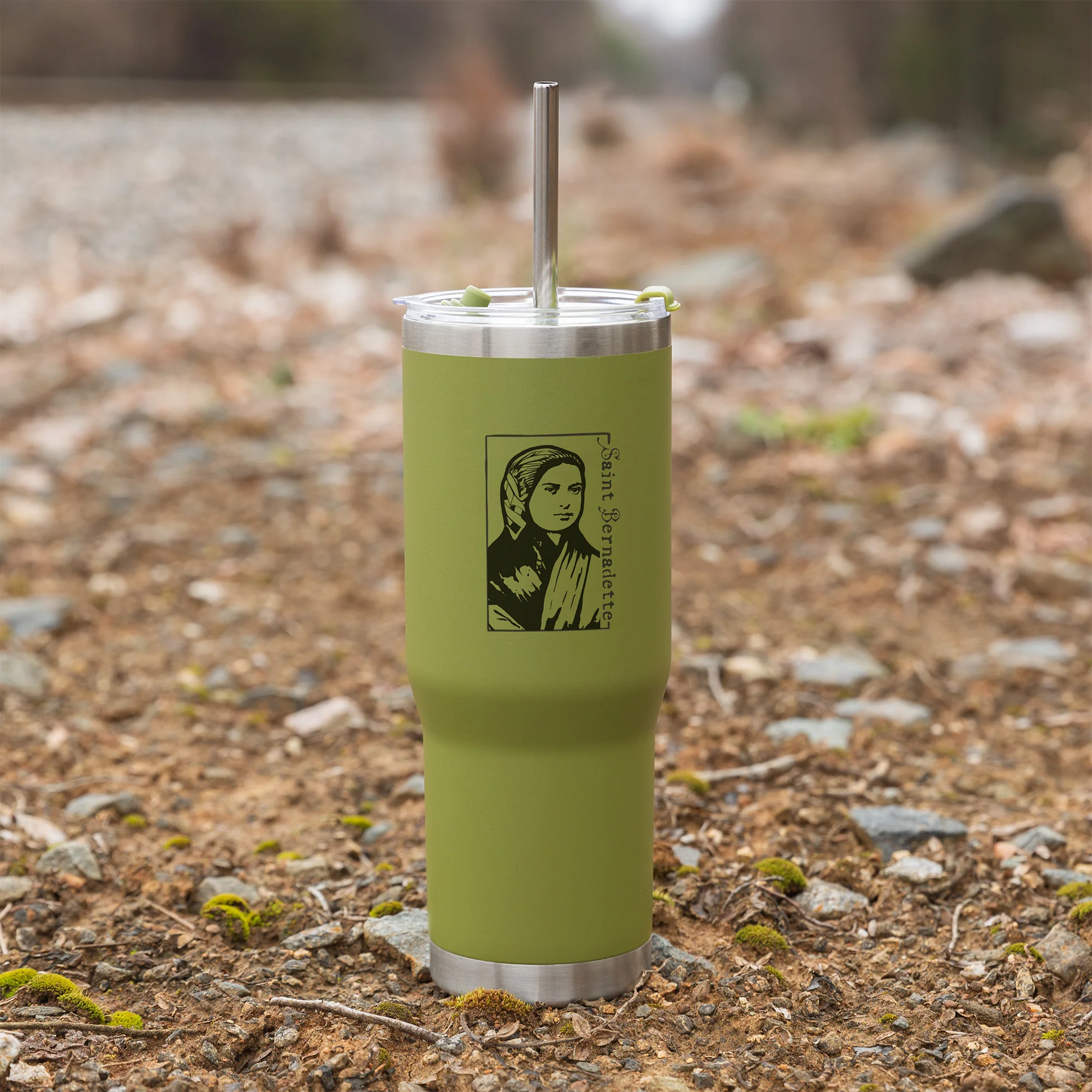 Green St. Bernadette Stainless Steel Tumbler with Straw - Image 5