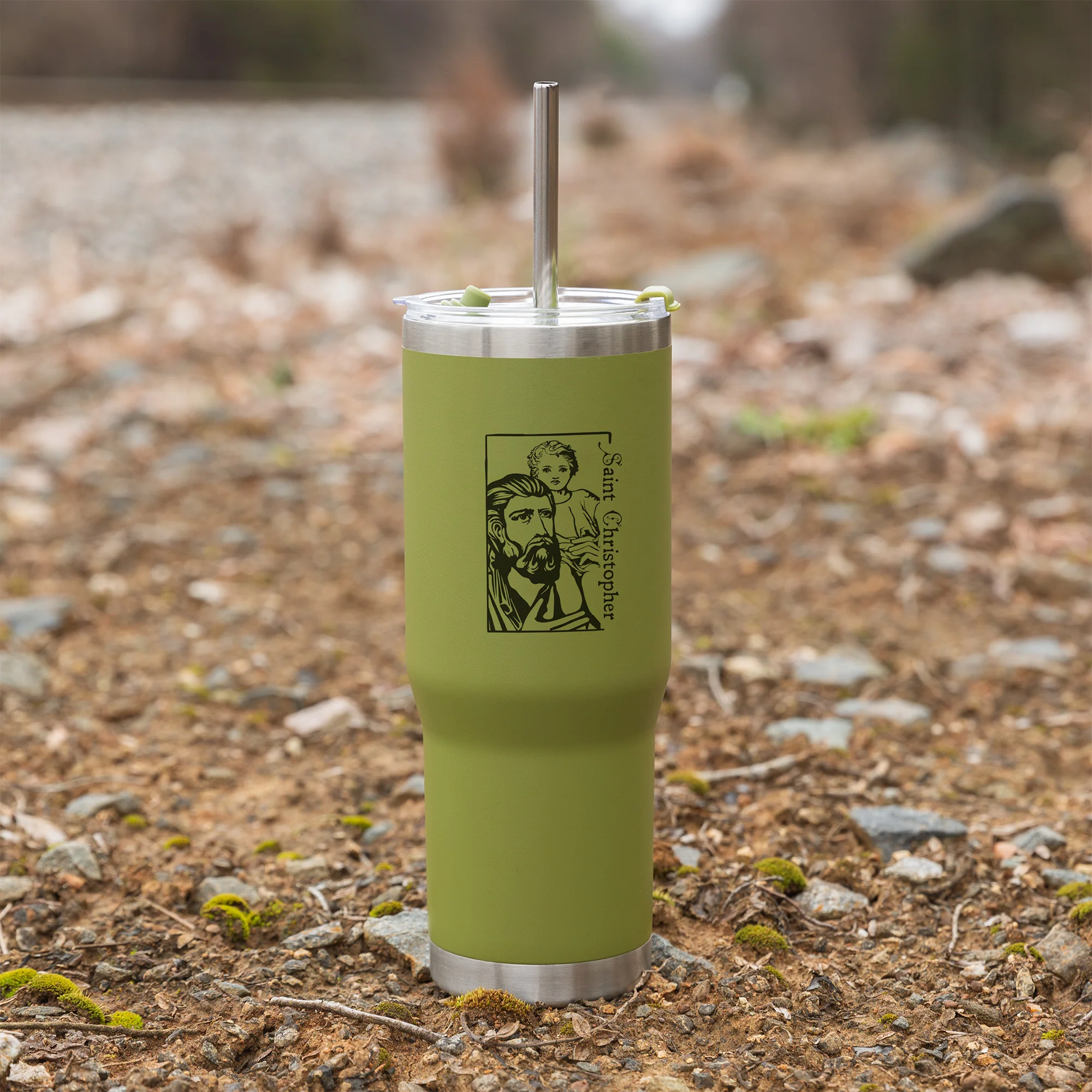 Green St. Christopher Stainless Steel Tumbler with Straw