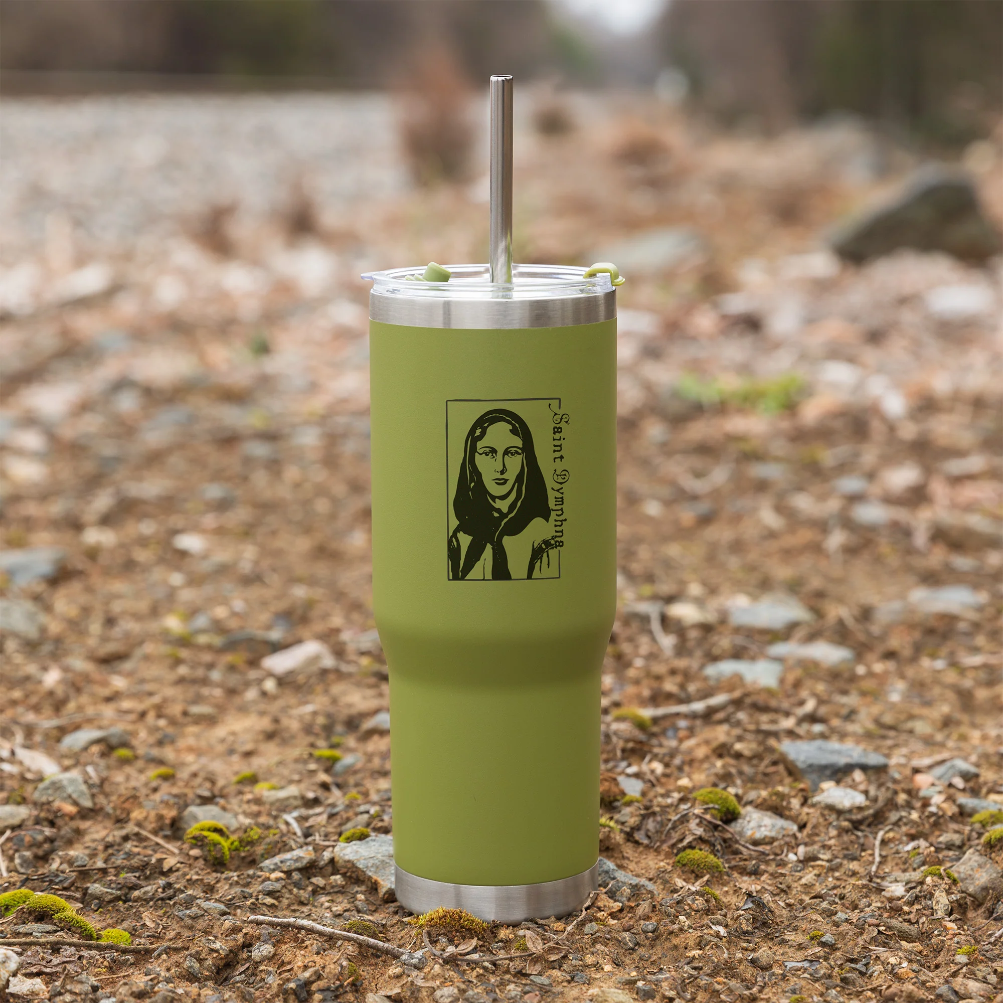 Green St. Dymphna Stainless Steel Tumbler with Straw
