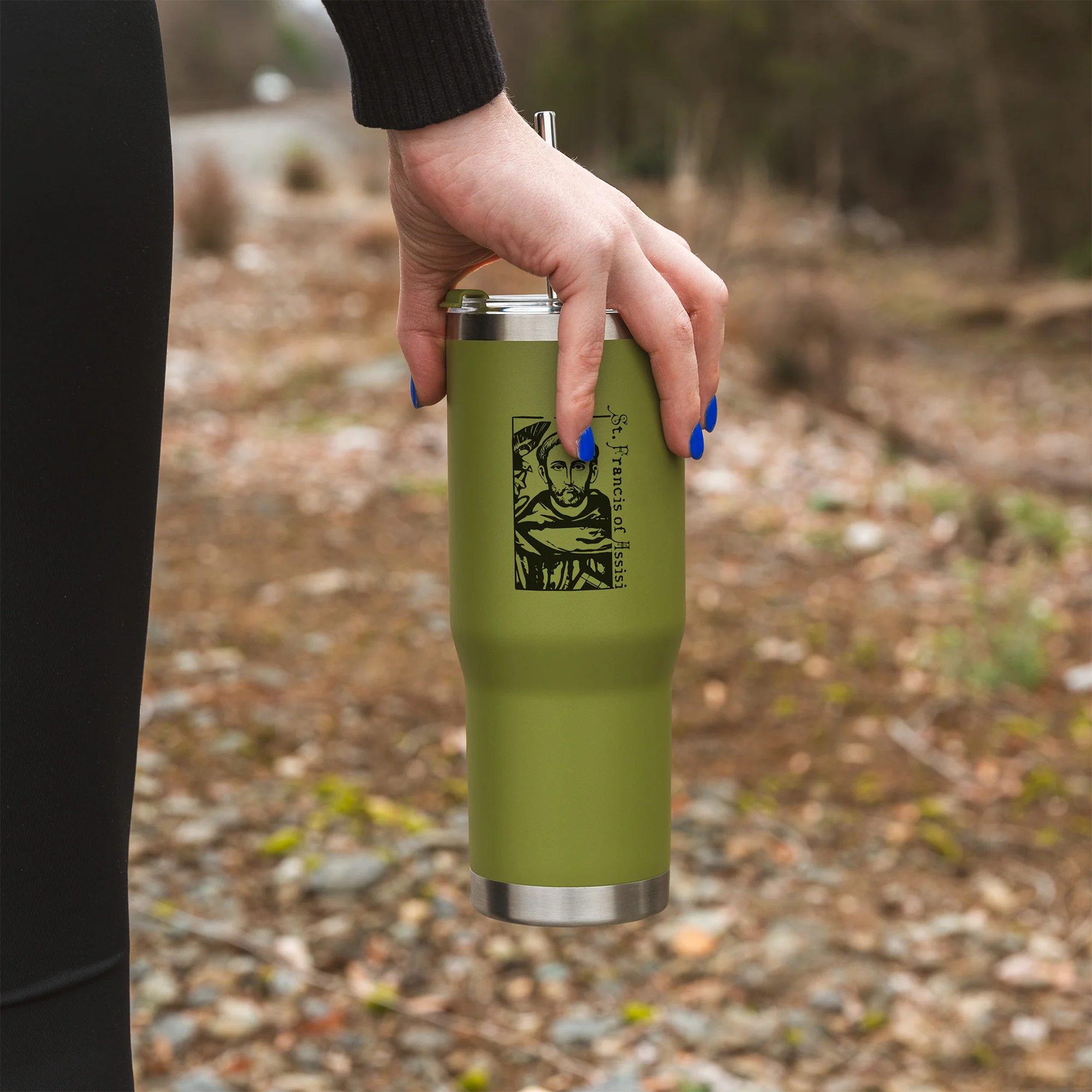 Green St. Francis Stainless Steel Tumbler with Straw - Image 3