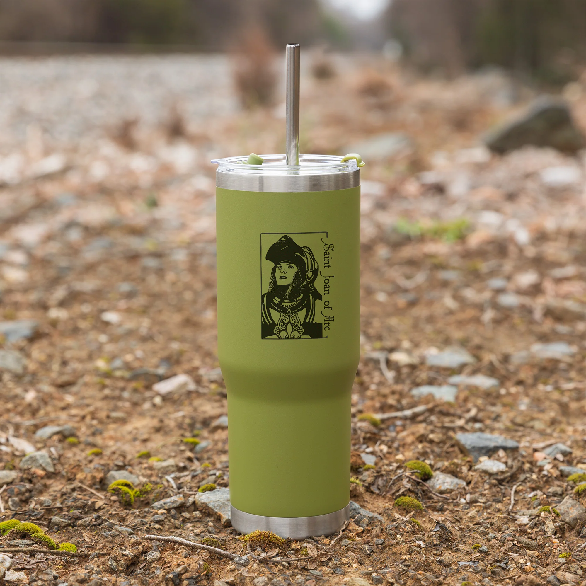 Green St. Joan of Arc Stainless Steel Tumbler with Straw