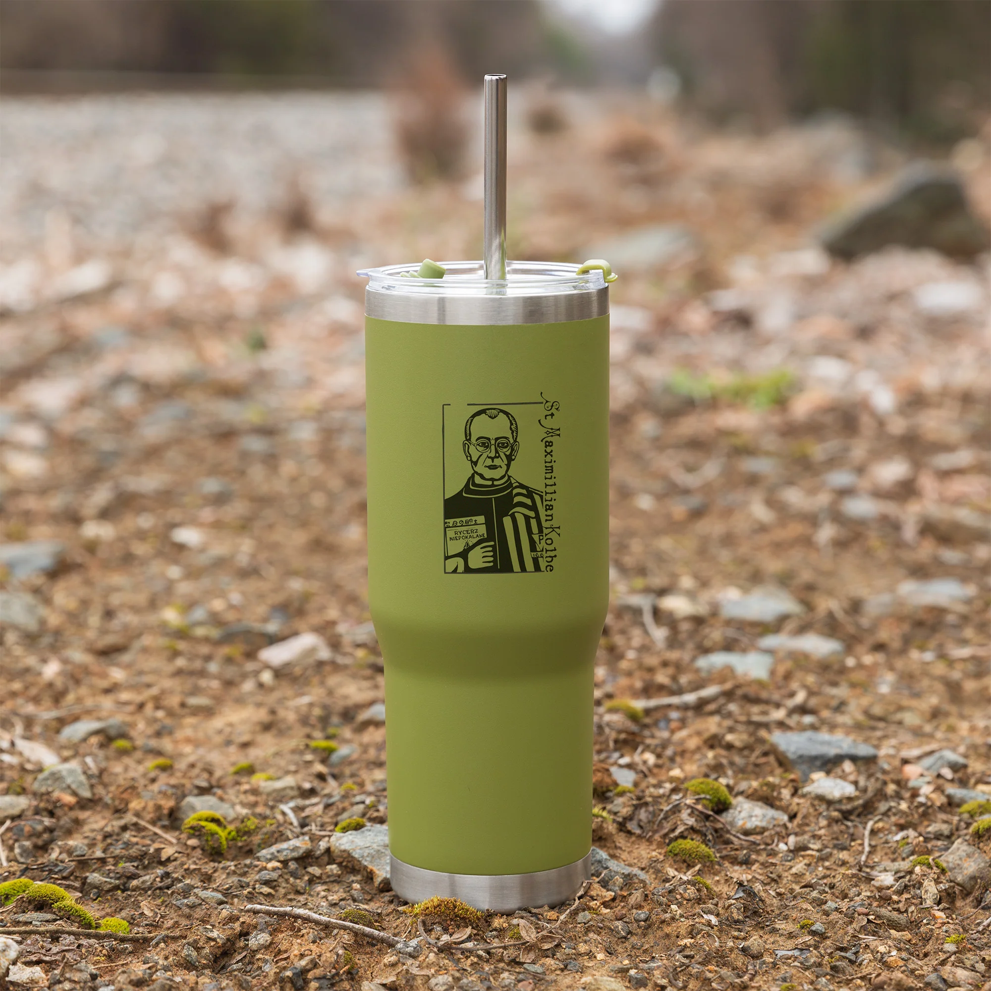 Green St. Maximilian Kolbe Stainless Steel Tumbler with Straw
