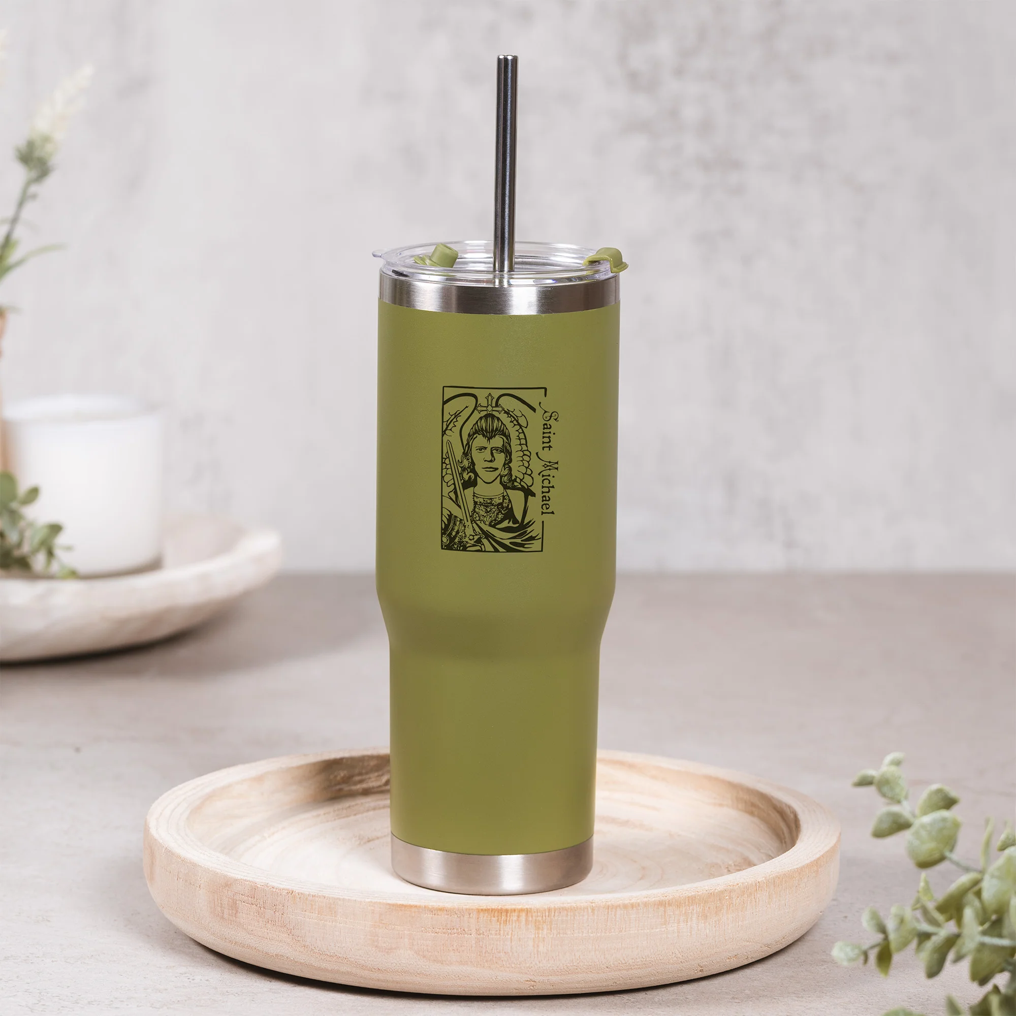 Green St. Michael Stainless Steel Tumbler with Straw - Image 3
