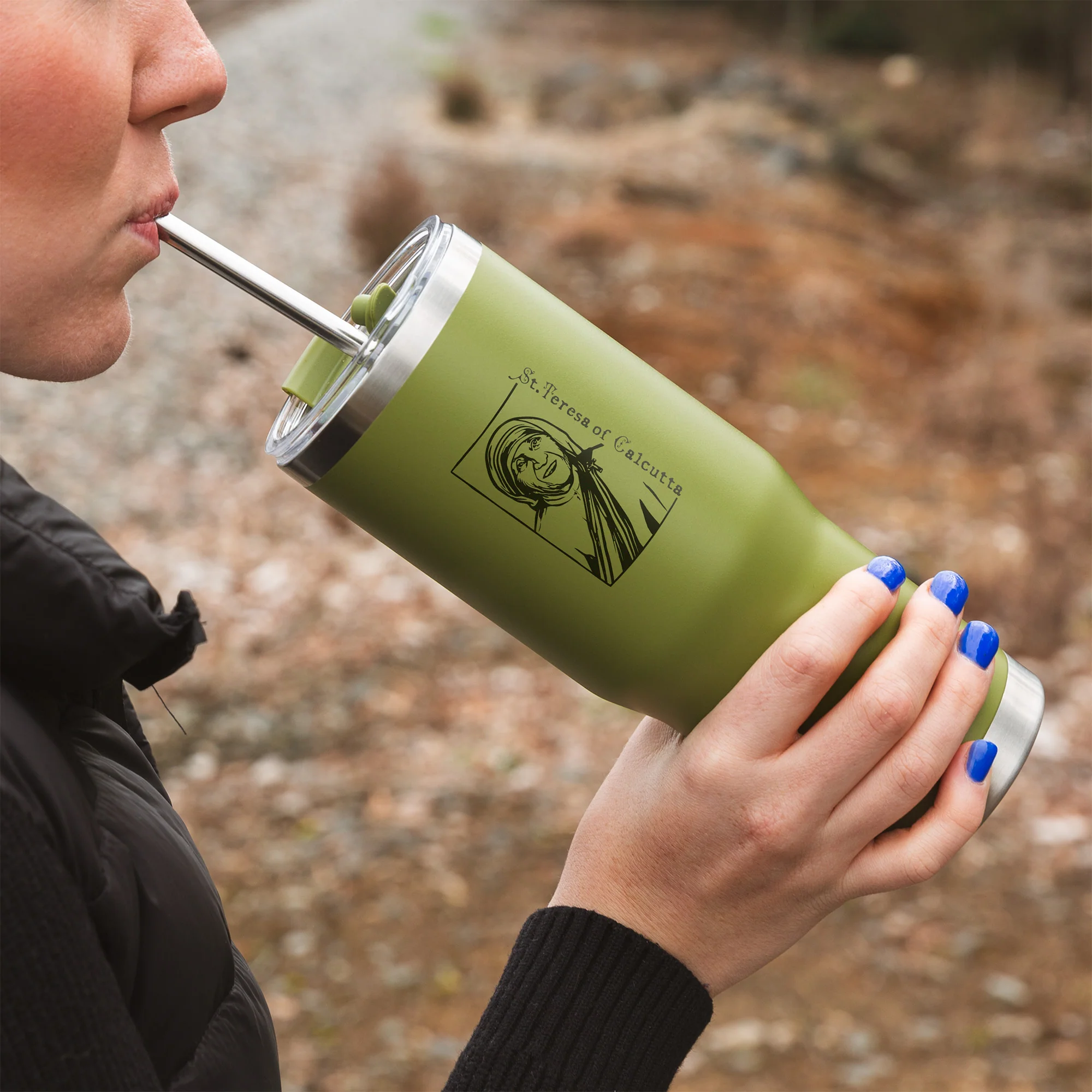 Green St. Mother Teresa Stainless Steel Tumbler with Straw - Image 2
