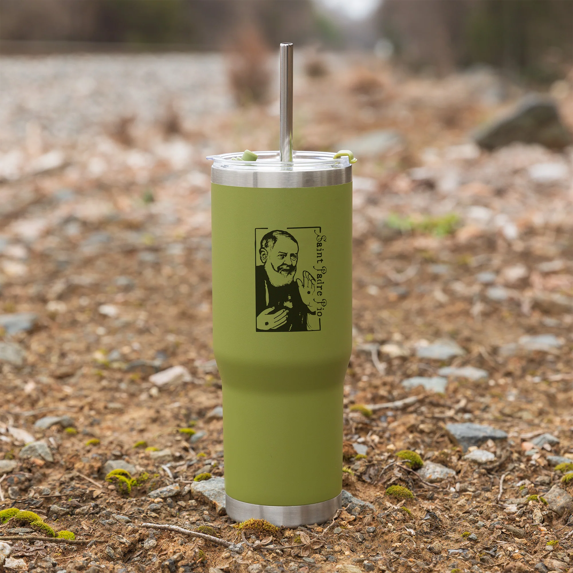 Green St. Padre Pio Stainless Steel Tumbler with Straw