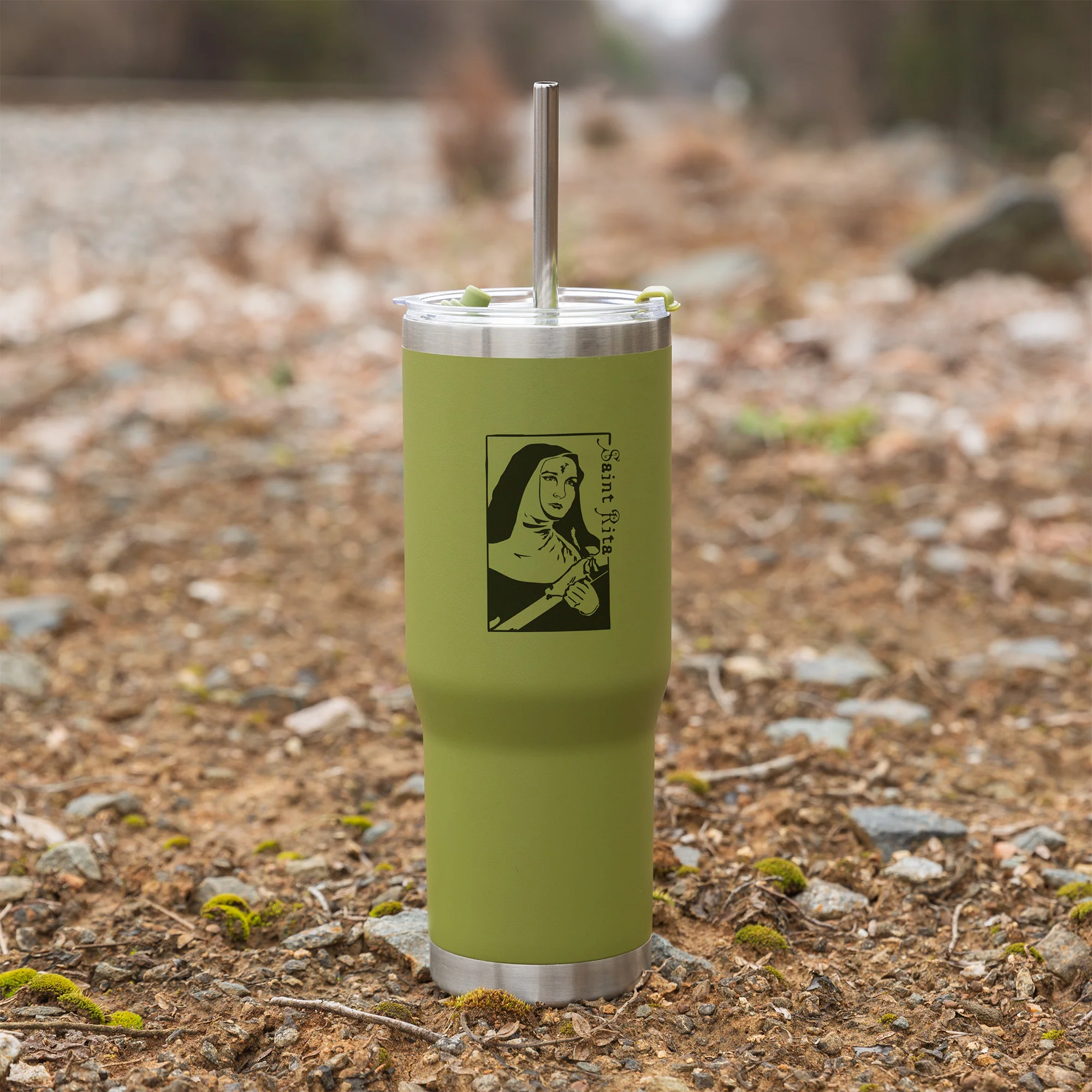 Green St. Rita Stainless Steel Tumbler with Straw