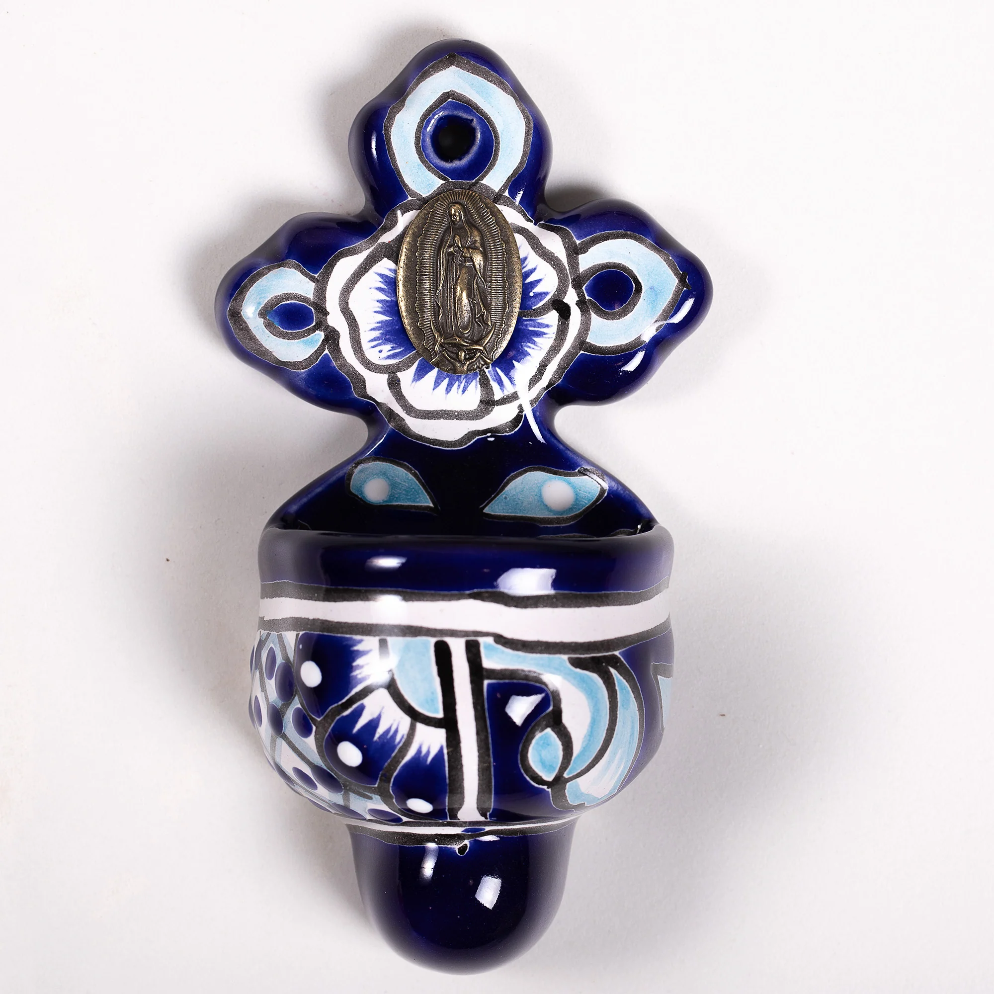 Guadalupe Mexican Talavera Holy Water Font - Blue & White Cross - Image 2