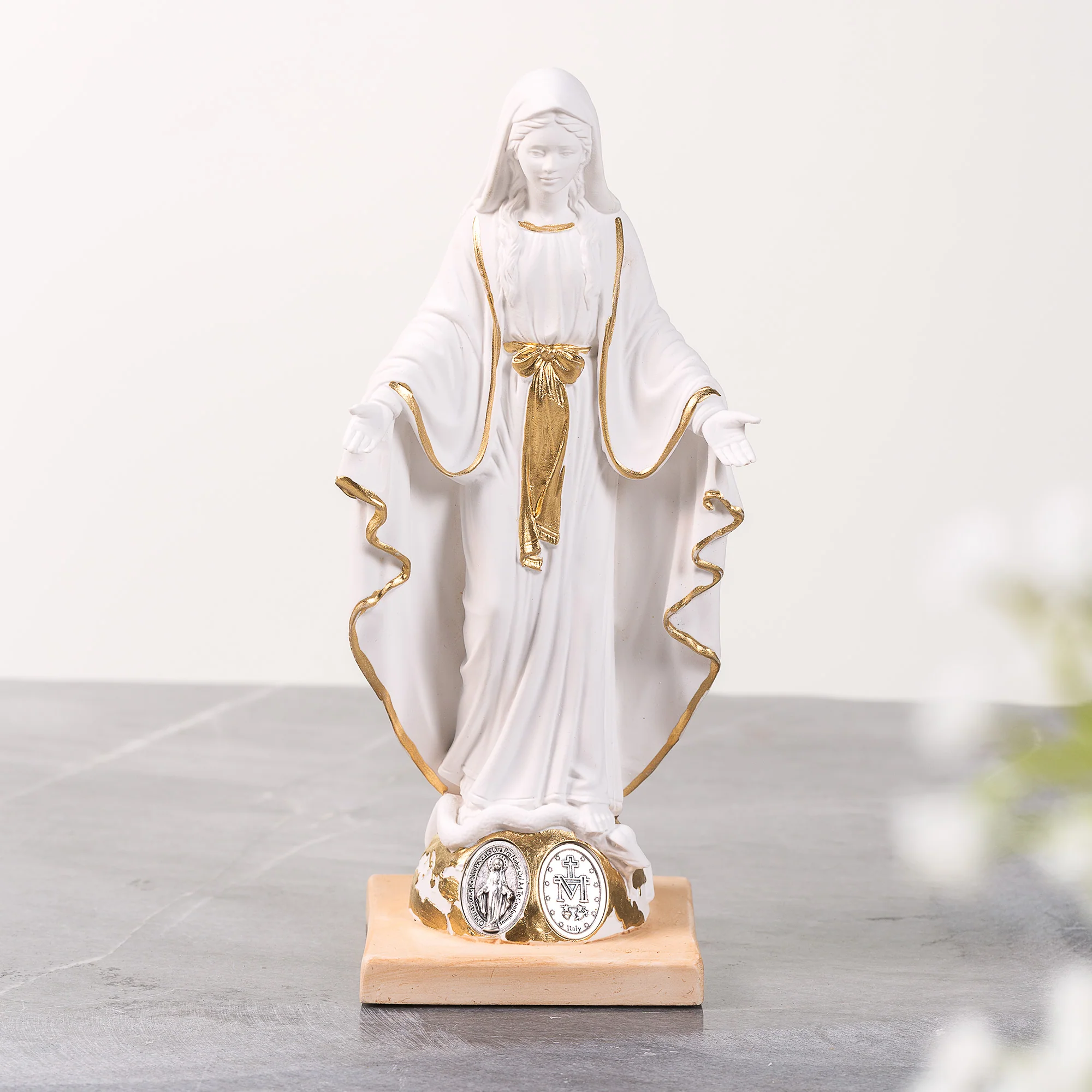 Hand Painted Gold & White Miraculous Medal Statue - Multiple Sizes