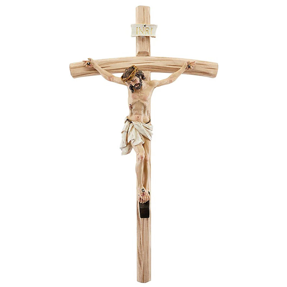 Hand Painted Val Gardena Style Natural Wood Crucifix - 12"
