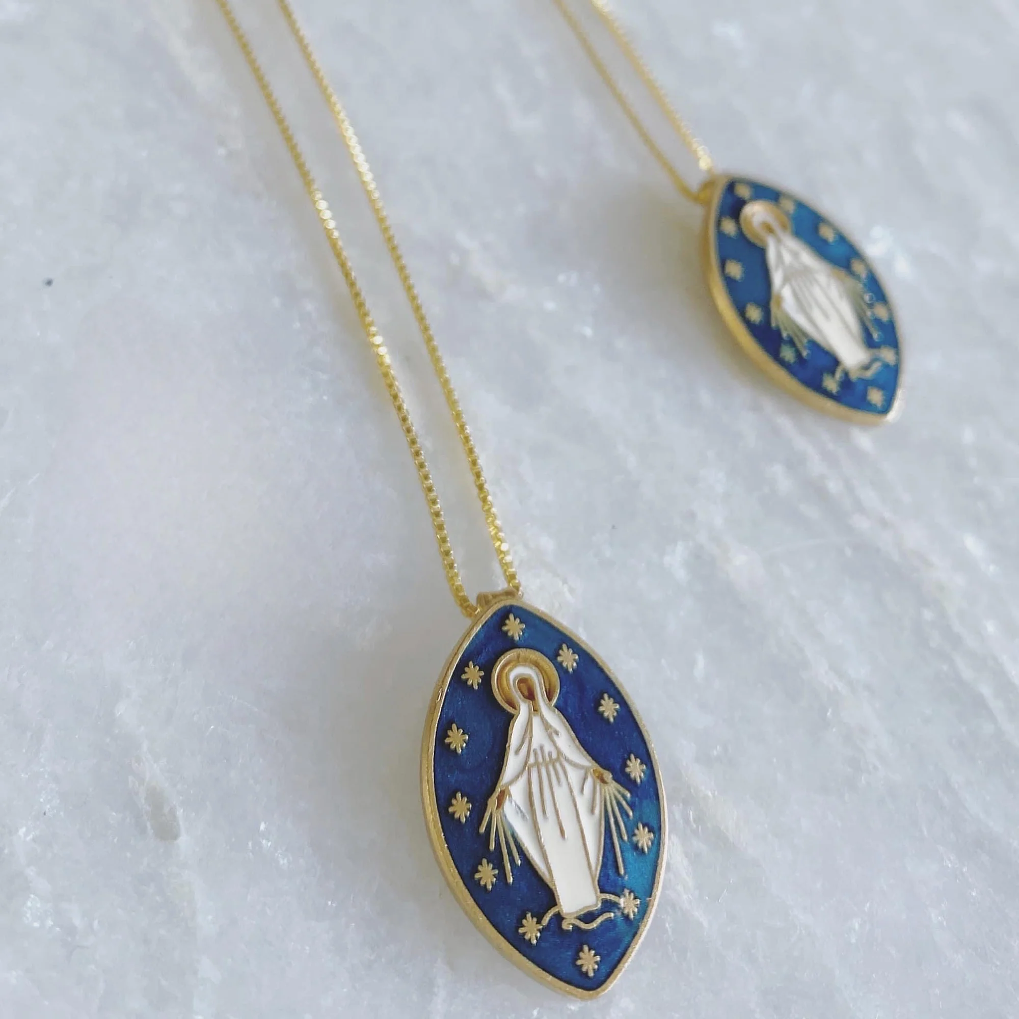 Handcrafted Cloisonné Our Lady of Grace Necklace - White or Dark Blue