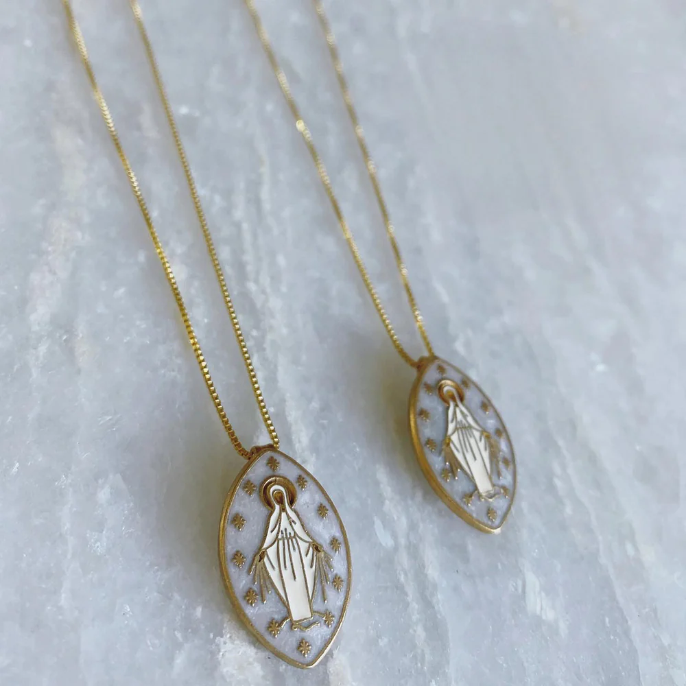 Handcrafted Cloisonné Our Lady of Grace Necklace - White or Dark Blue - Image 4