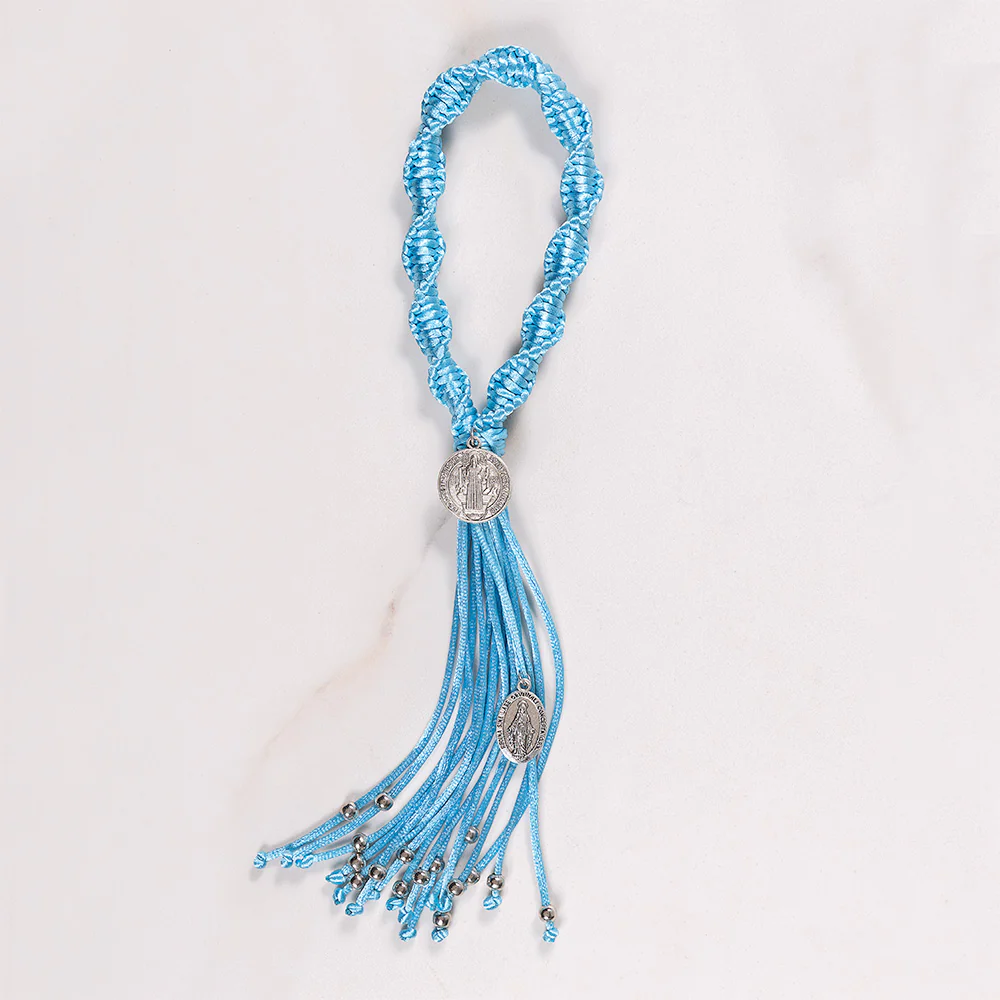 Handcrafted Knotted Light Blue Miraculous Medal  & St. Benedict Home Blessing
