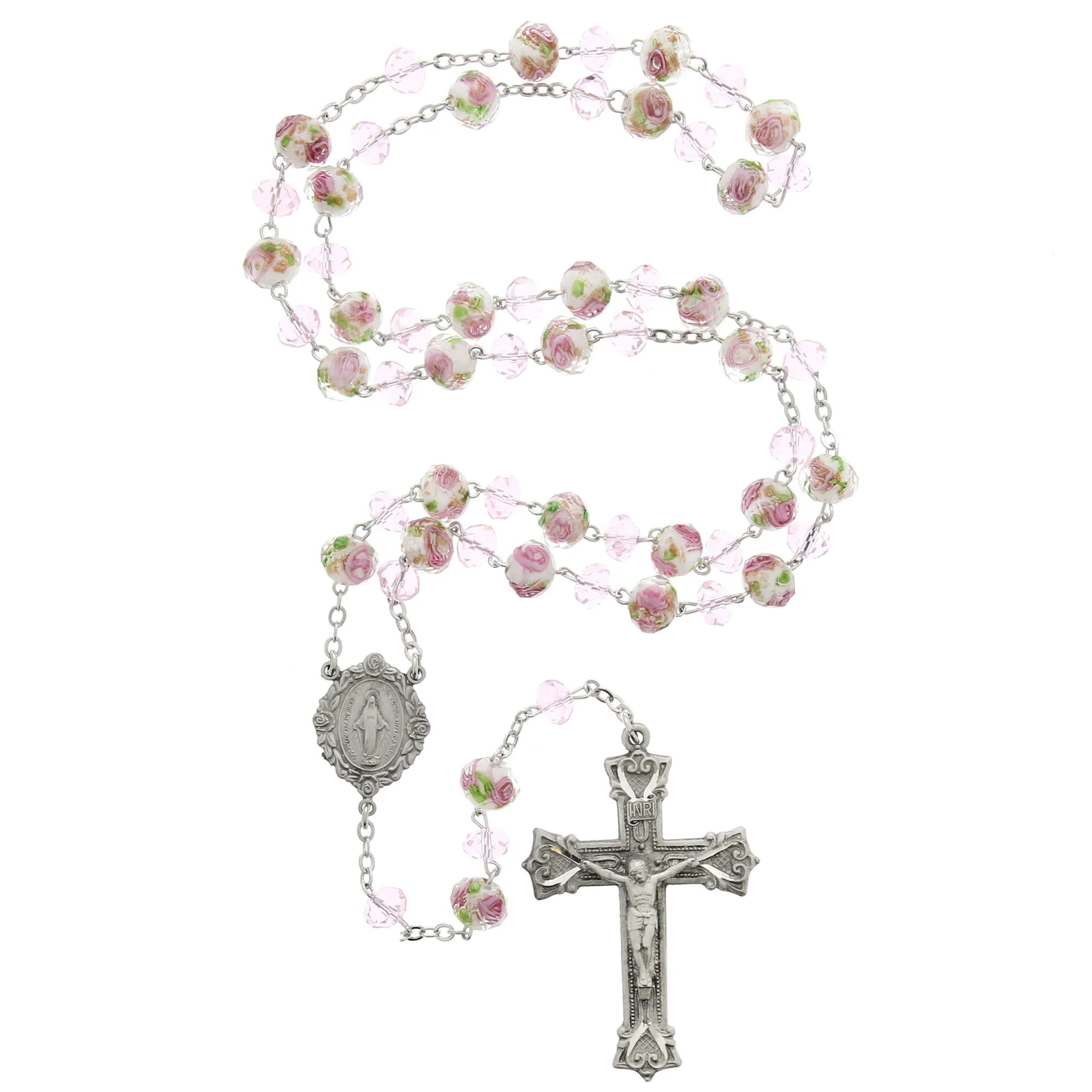 Heavenly Bouquet Pink Glass & Pewter Rosary - Image 2