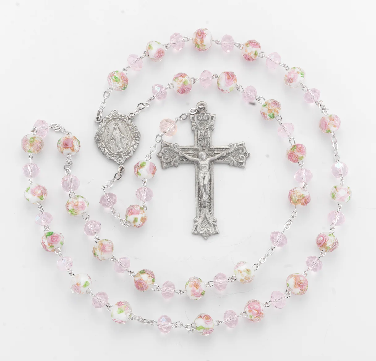 Heavenly Bouquet Pink Glass & Pewter Rosary - Image 3