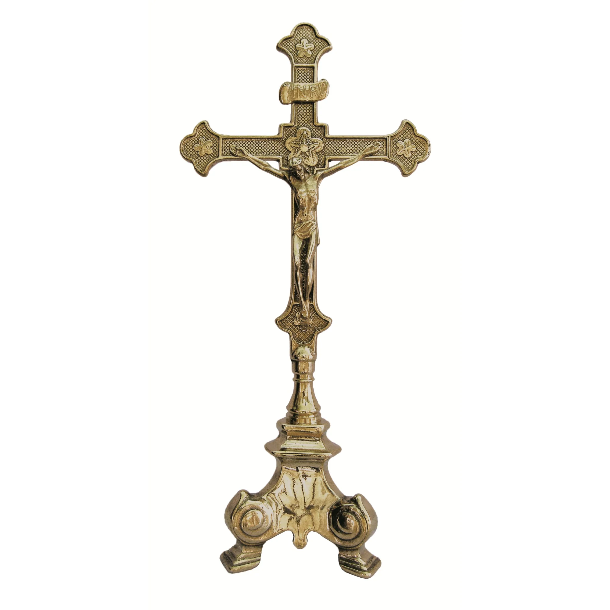 Heavy Three Point Brass Base Crucifix - 13 1/4 inches - Image 2