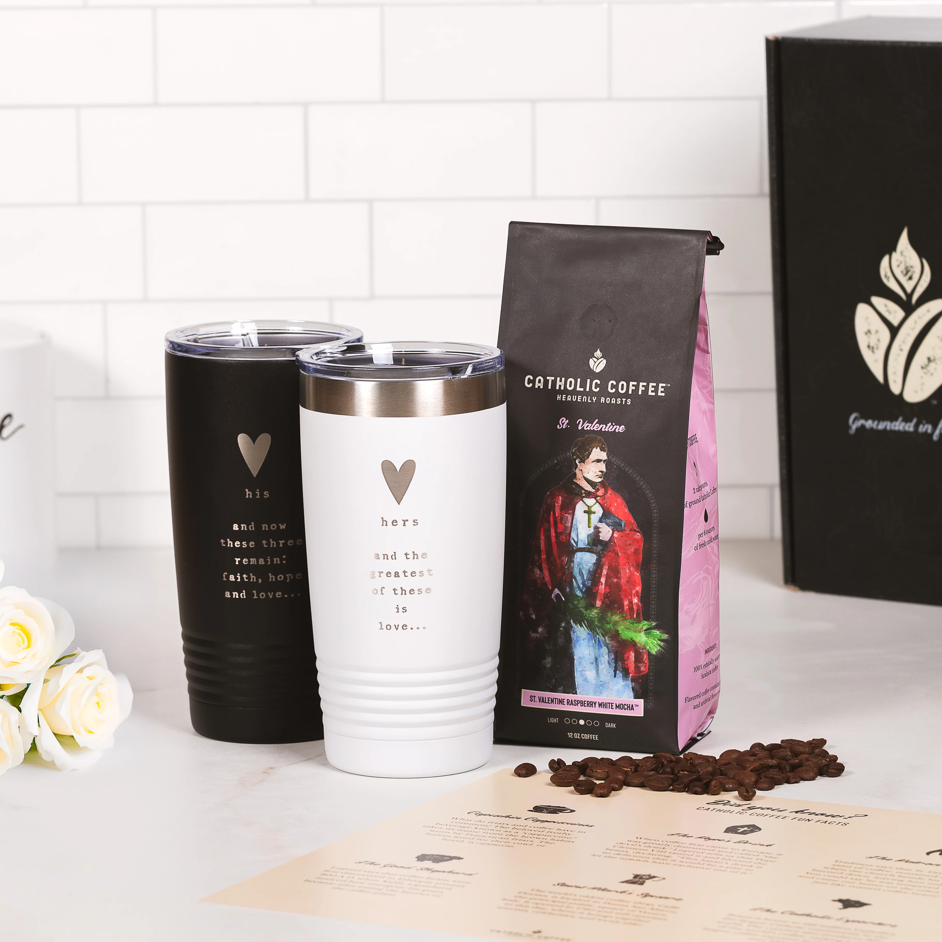 His & Hers Love Tumblers & St. Valentine Raspberry White Mocha Coffee Gift Set