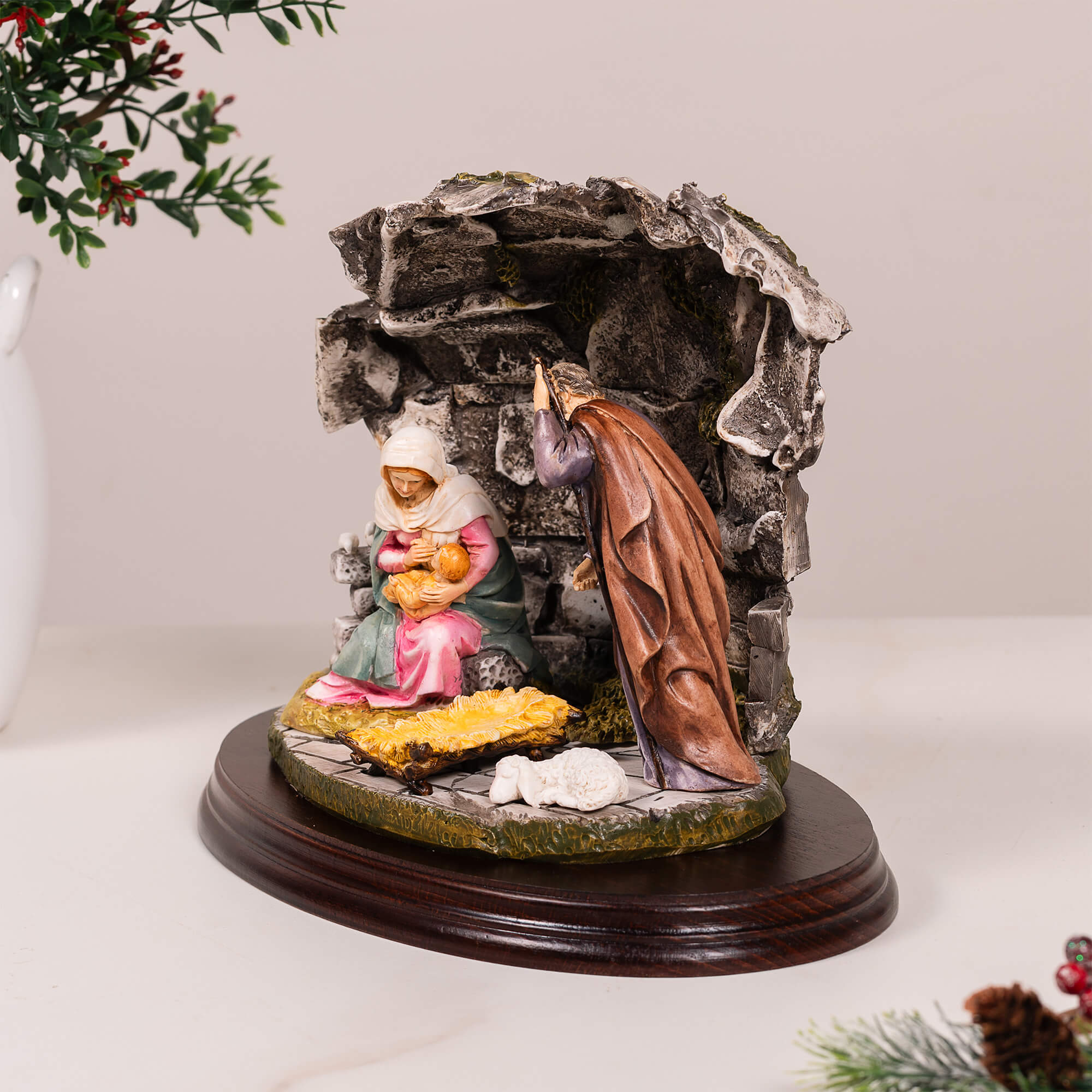 Holy Family in the Stable on Wood Base - 10" - Image 2