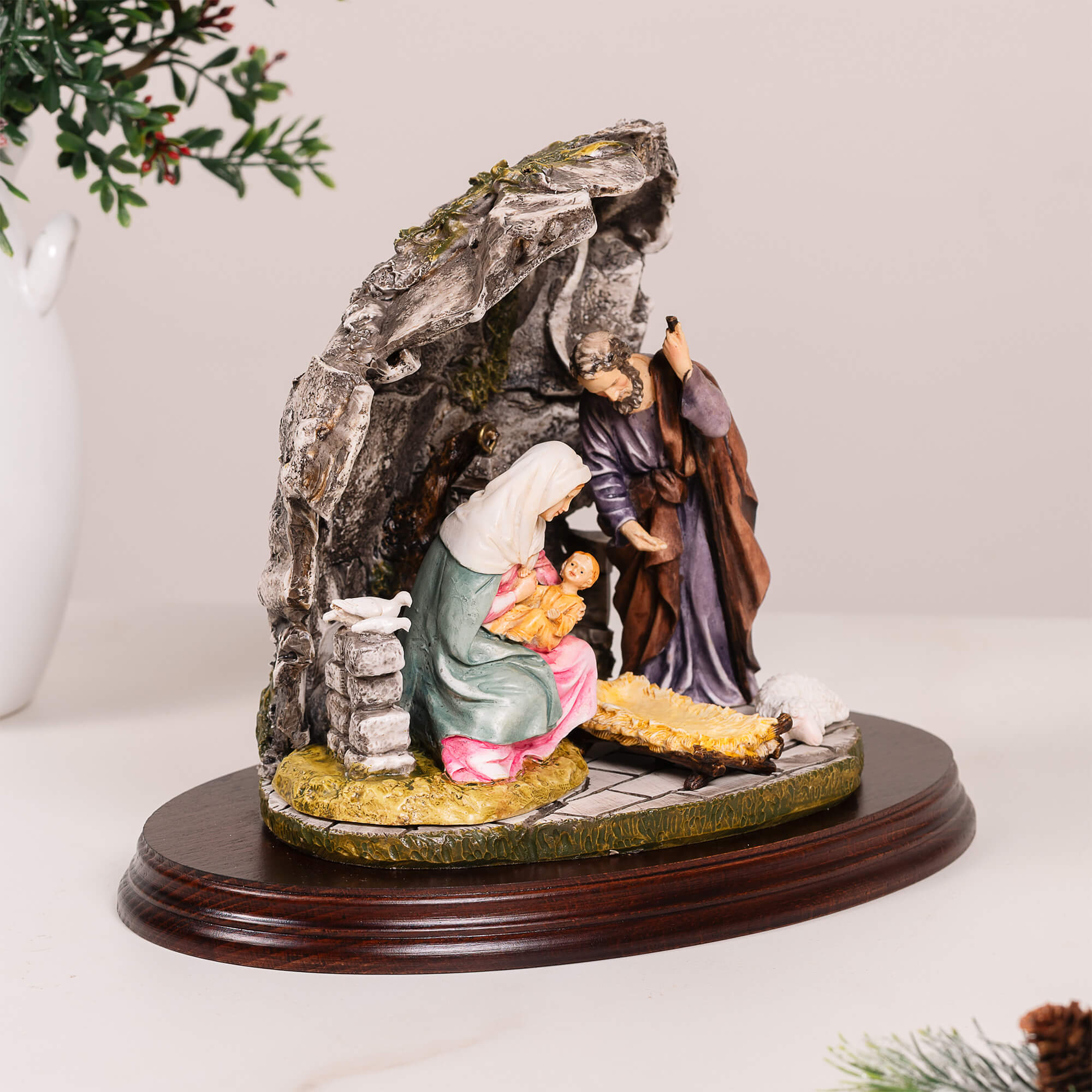 Holy Family in the Stable on Wood Base - 10" - Image 3