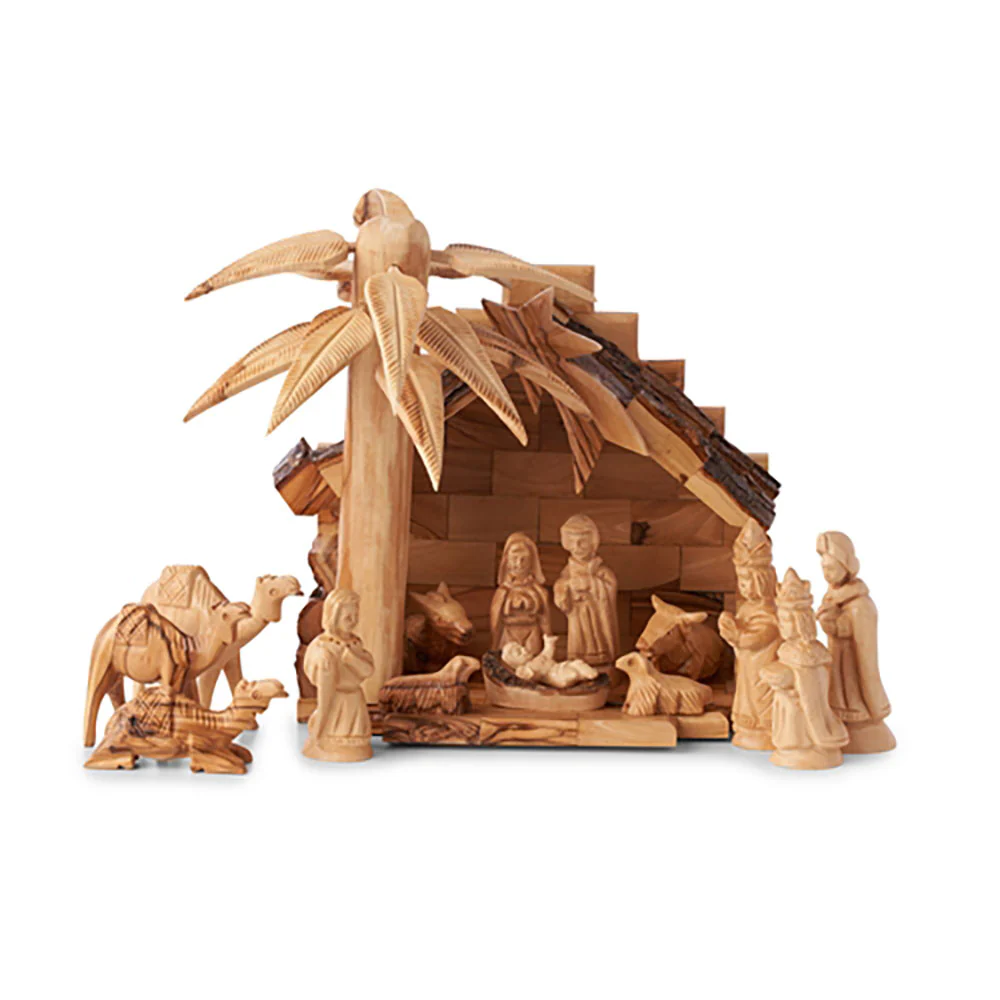 Holy Land Carved Nativity Set with 3D Palm Tree - 12 Pieces