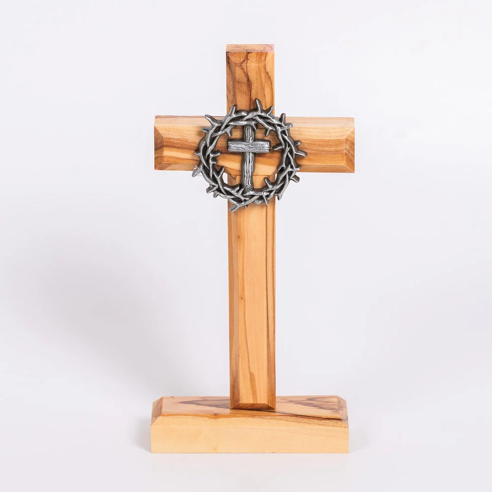 Holy Land Crown of Thorns Olive Wood Standing Cross - 6"