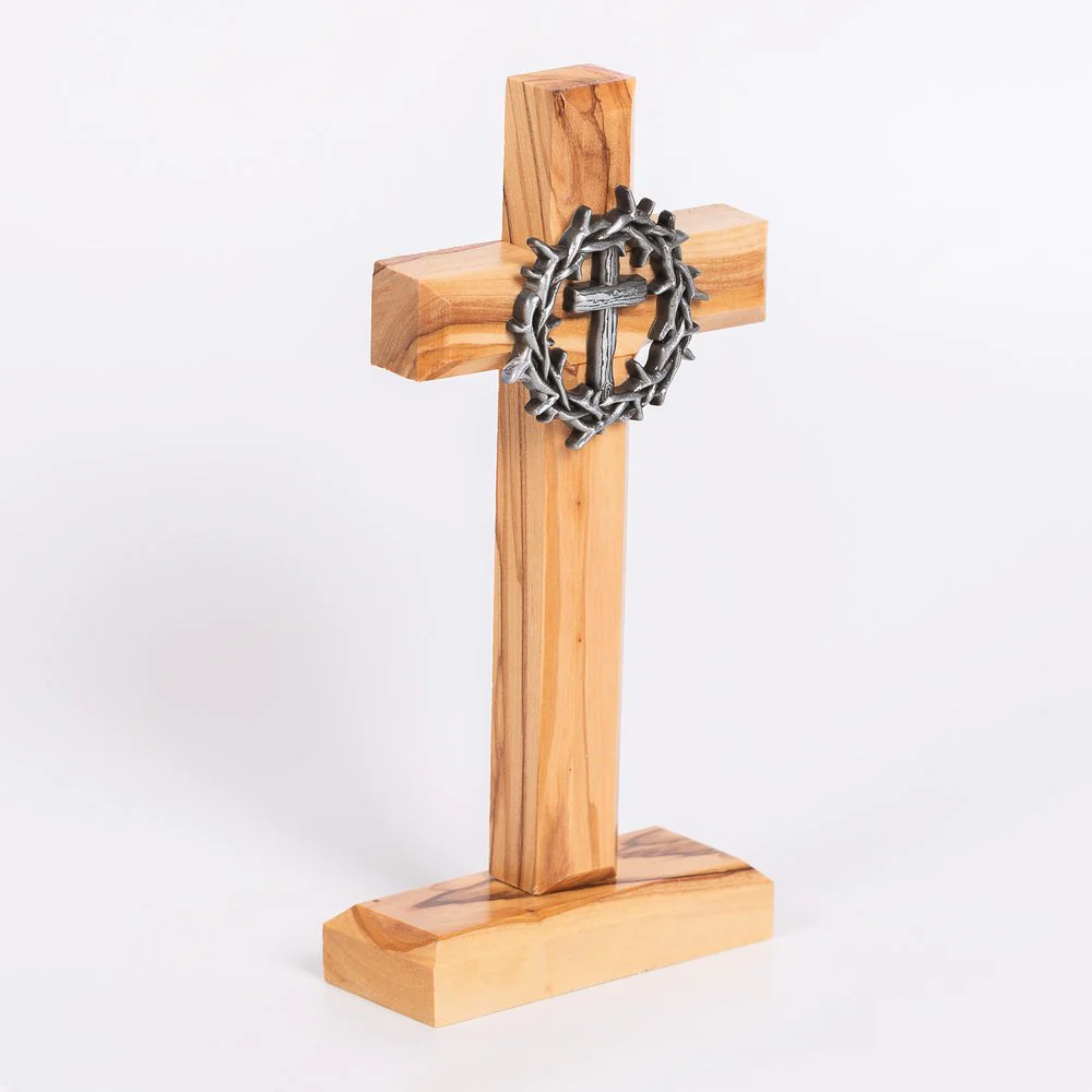 Holy Land Crown of Thorns Olive Wood Standing Cross - 6" - Image 2