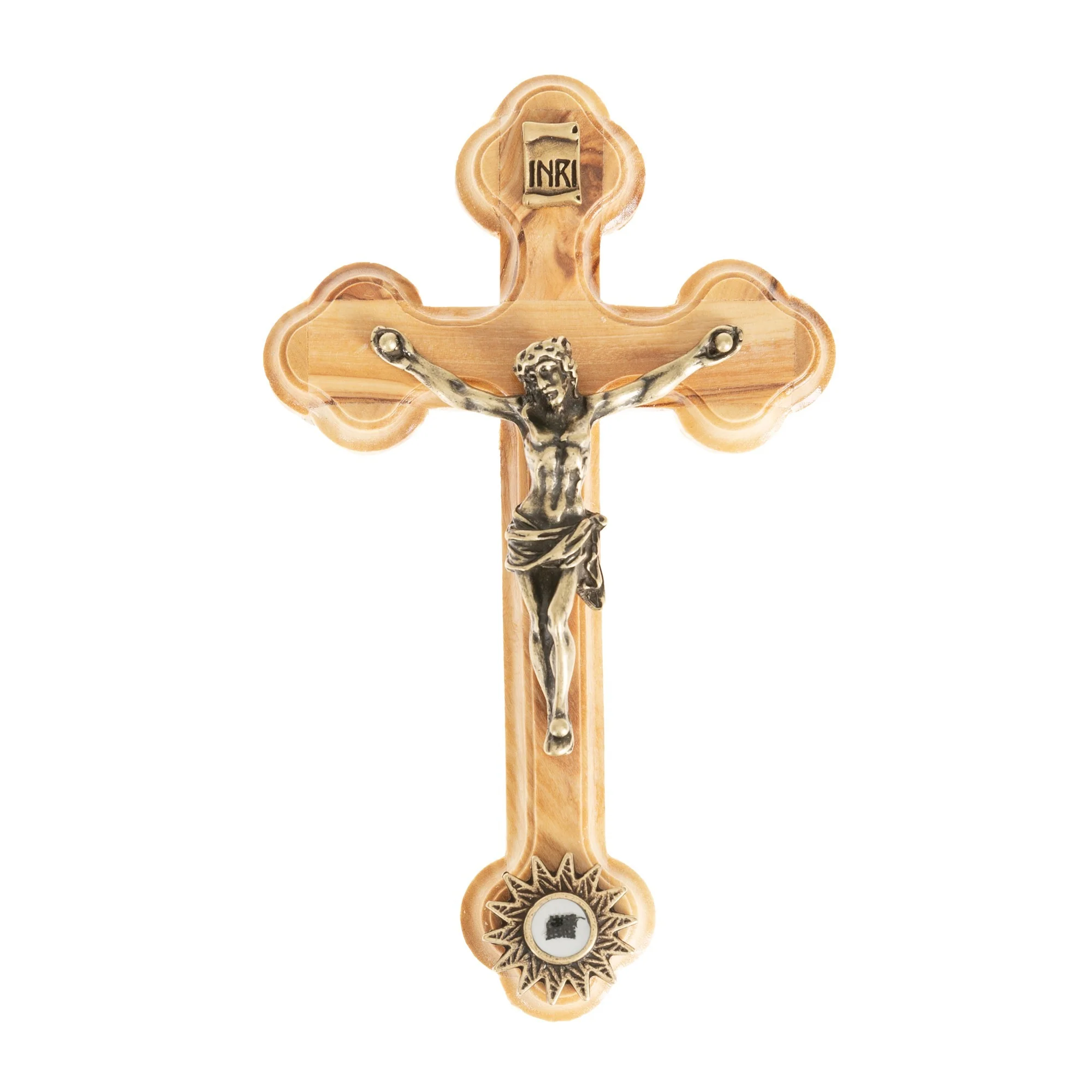 Holy Land Olive Wood Crucifix with Tomb of Jesus Relic - 5"