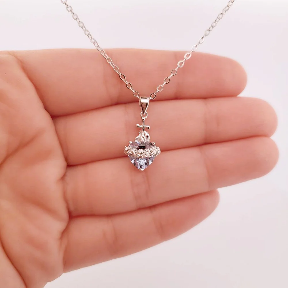 Immaculate Heart Blue Jeweled Necklace - Silver or Gold - Image 3