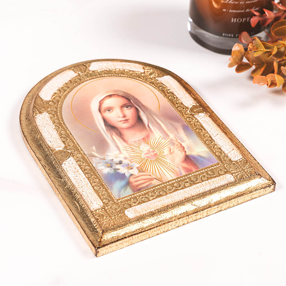 Immaculate Heart of Mary Gold & White Arched Florentine Plaque - 8" x 6" - Image 2