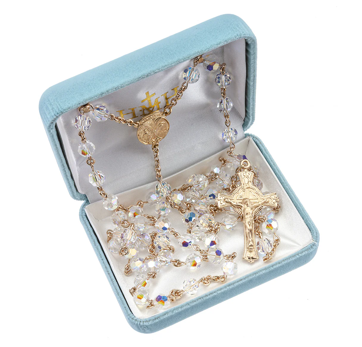 Immaculate Queen Gold/Sterling Aurora Borealis Crystal Rosary - Image 2