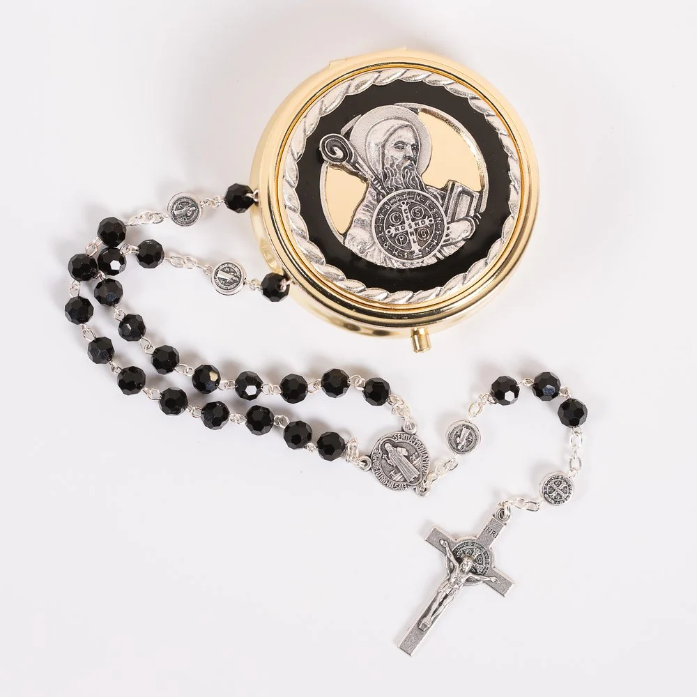 Italian Gray Glass St. Benedict Rosary & St. Benedict Rosary Box Set