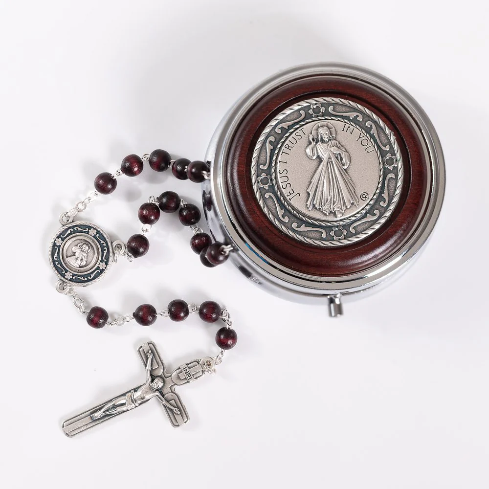 Italian Mahogany Divine Mercy Rosary & Matching Rosary Box Set