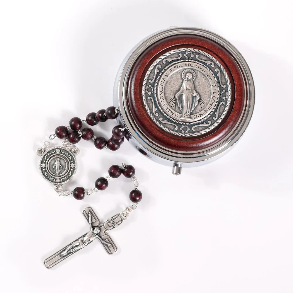 Italian Mahogany Miraculous Medal Rosary & Matching Rosary Box Set