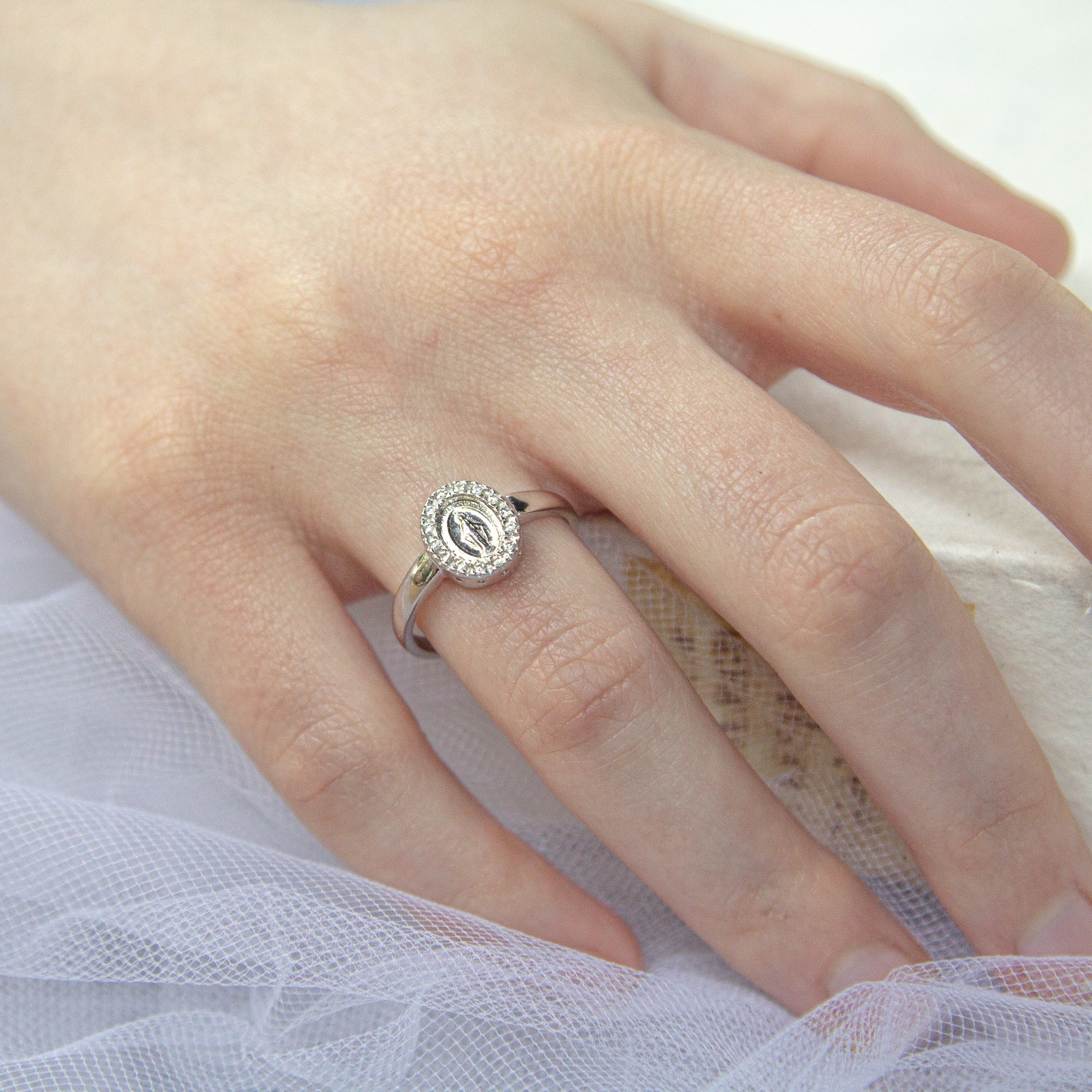 Italian Miraculous Medal Ring with Cubic Zirconia - Image 2