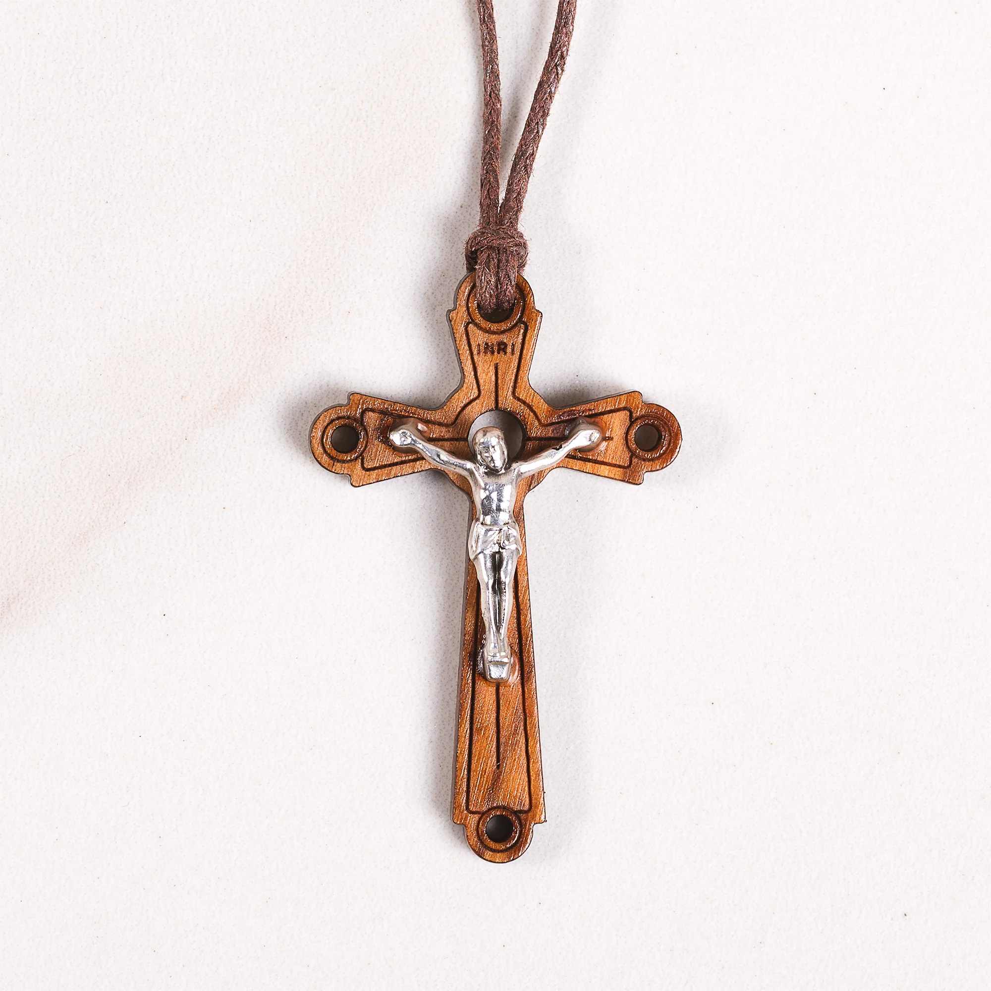 Italian Olive Wood Crucifix Necklace on Brown Cord