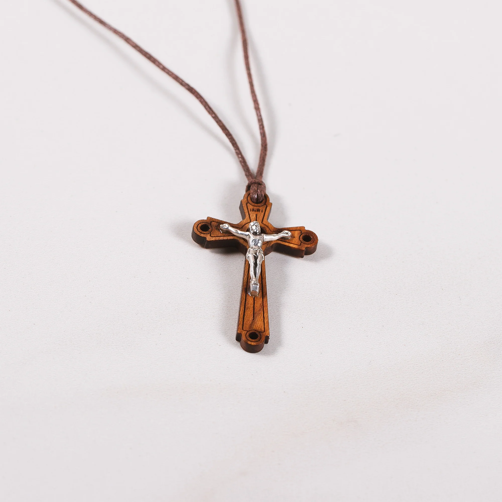 Italian Olive Wood Crucifix Necklace on Brown Cord - Image 2