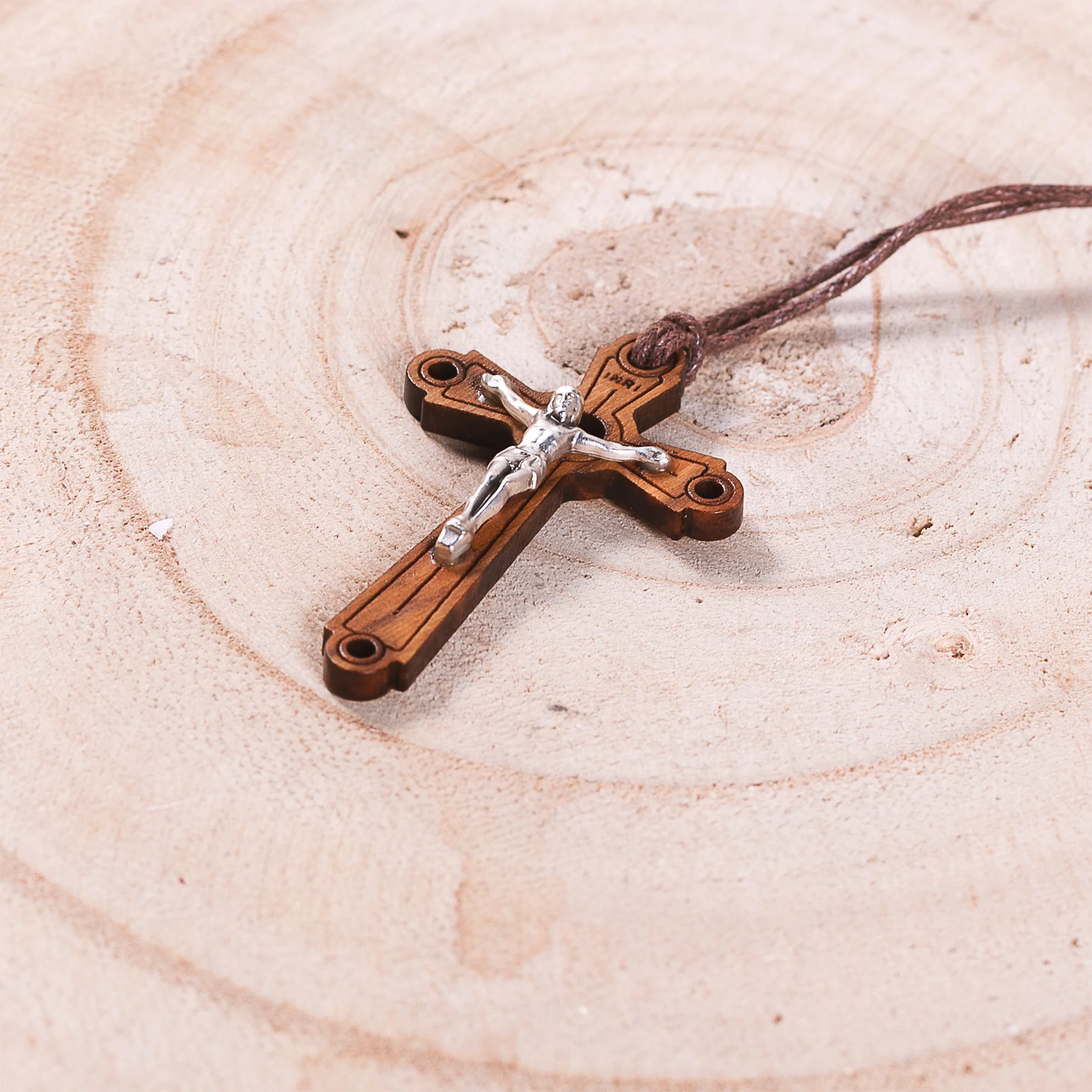 Italian Olive Wood Crucifix Necklace on Brown Cord - Image 3