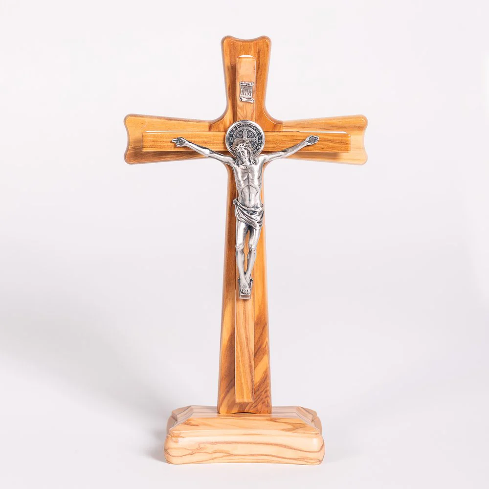 Italian Olive Wood St. Benedict Standing Crucifix - 9"