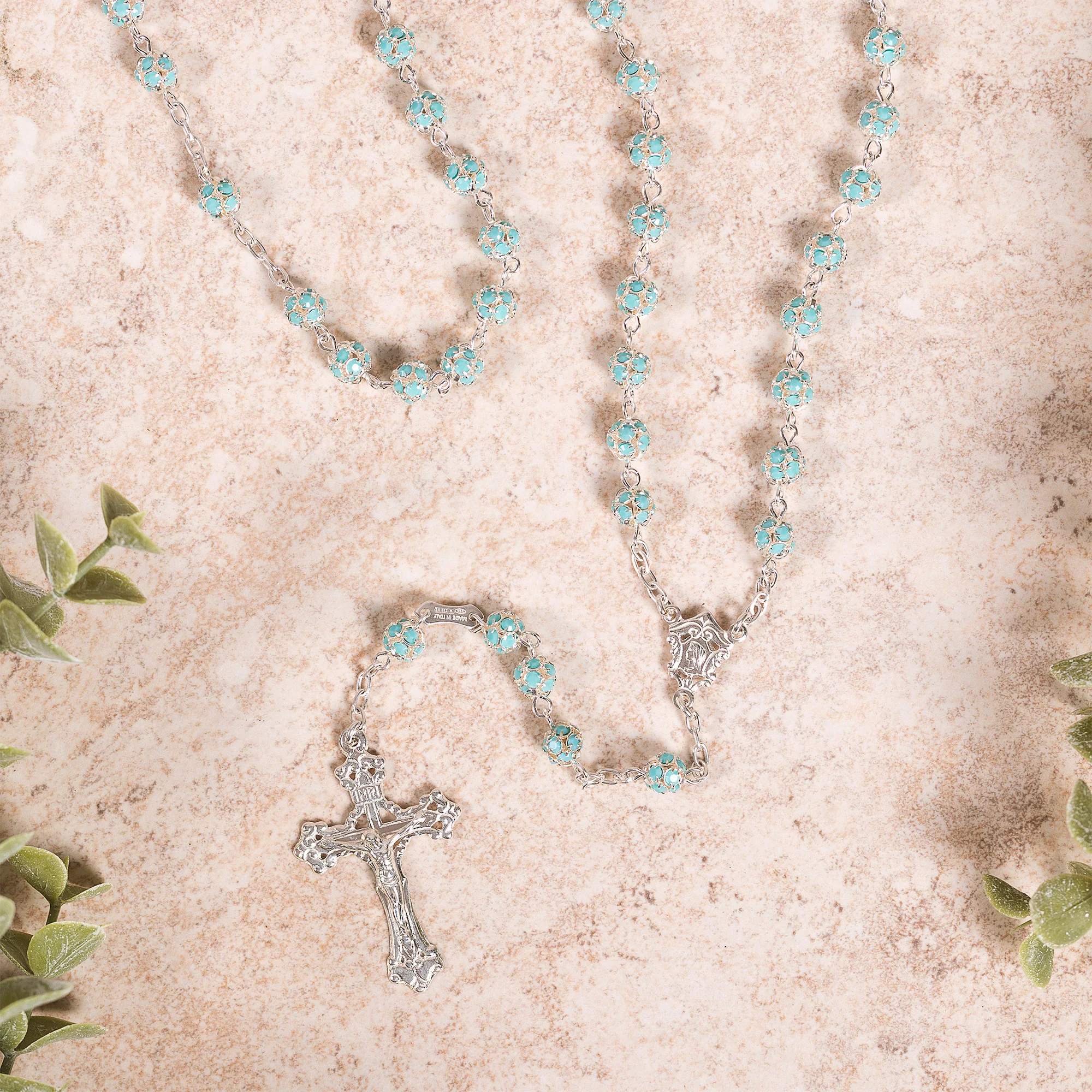 Italian Sterling Aqua Pavé Bead Rosary - Image 2
