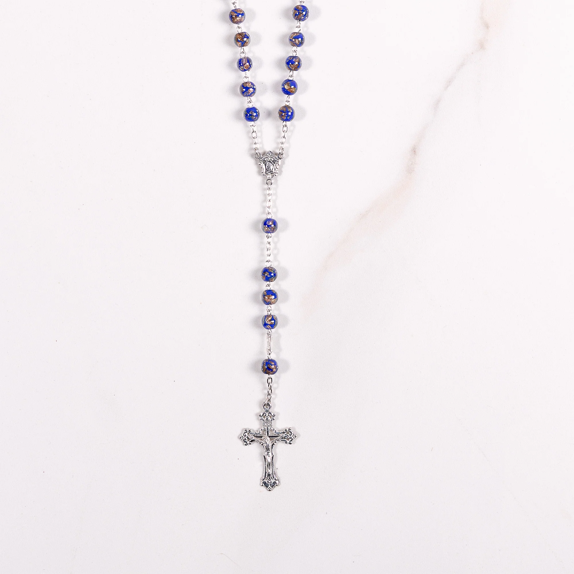 Italian Sterling Blue & Gold Glass Rosary