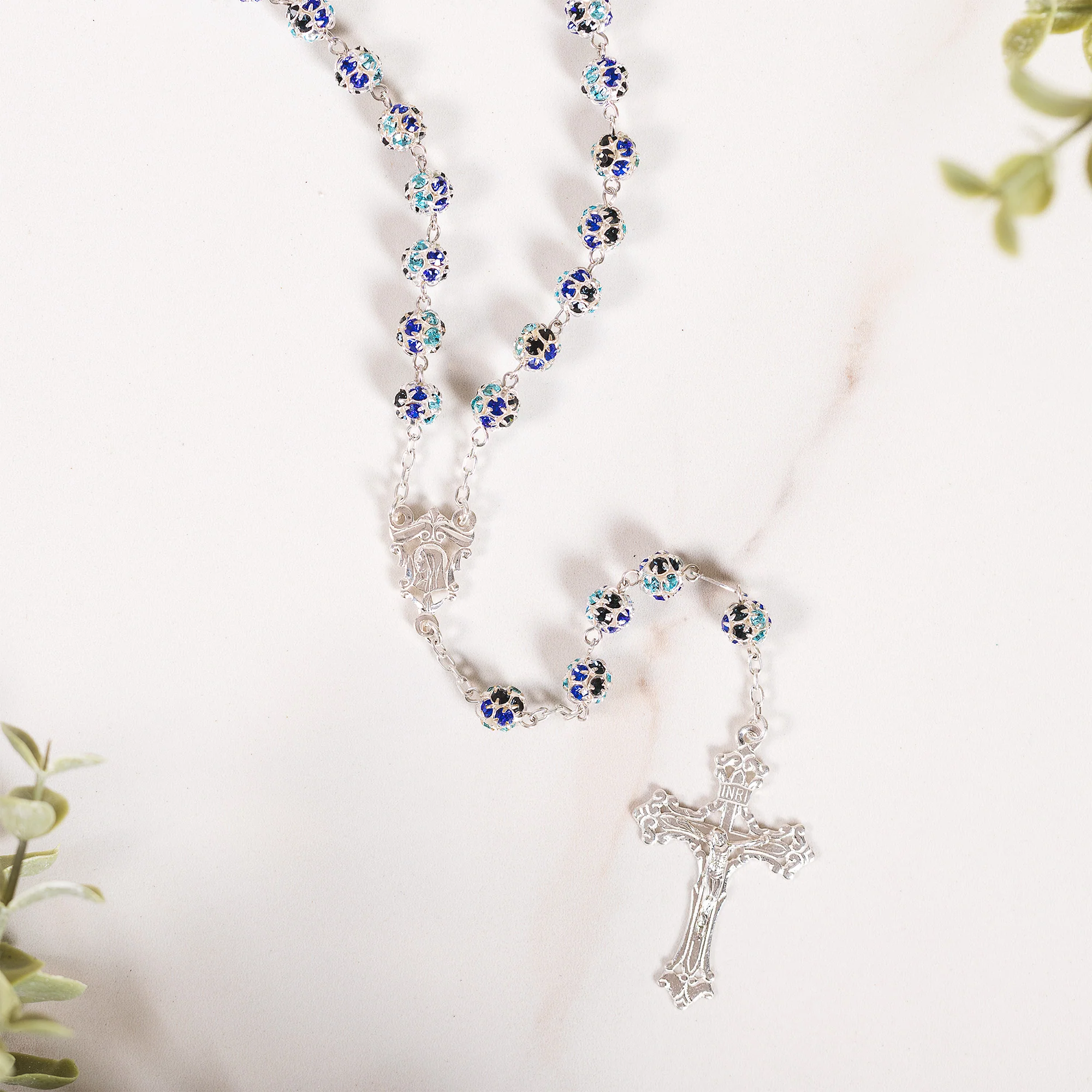 Italian Sterling Blue Pavé Bead Rosary - Image 2