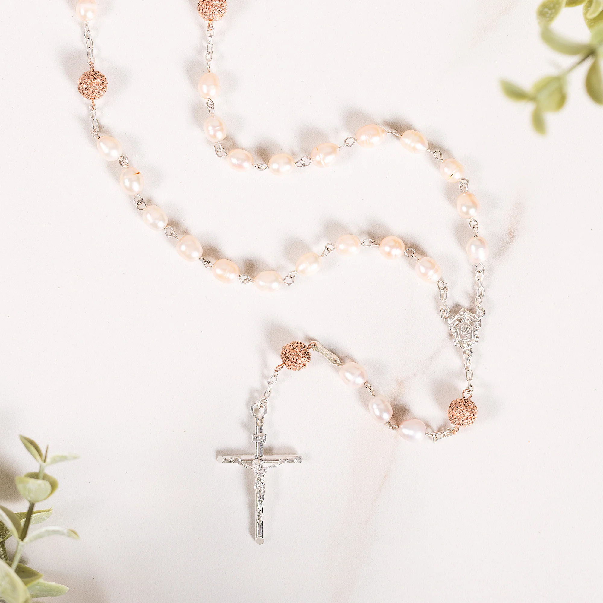 Italian Sterling Rose Pearl & Pavé Rosary - Image 2