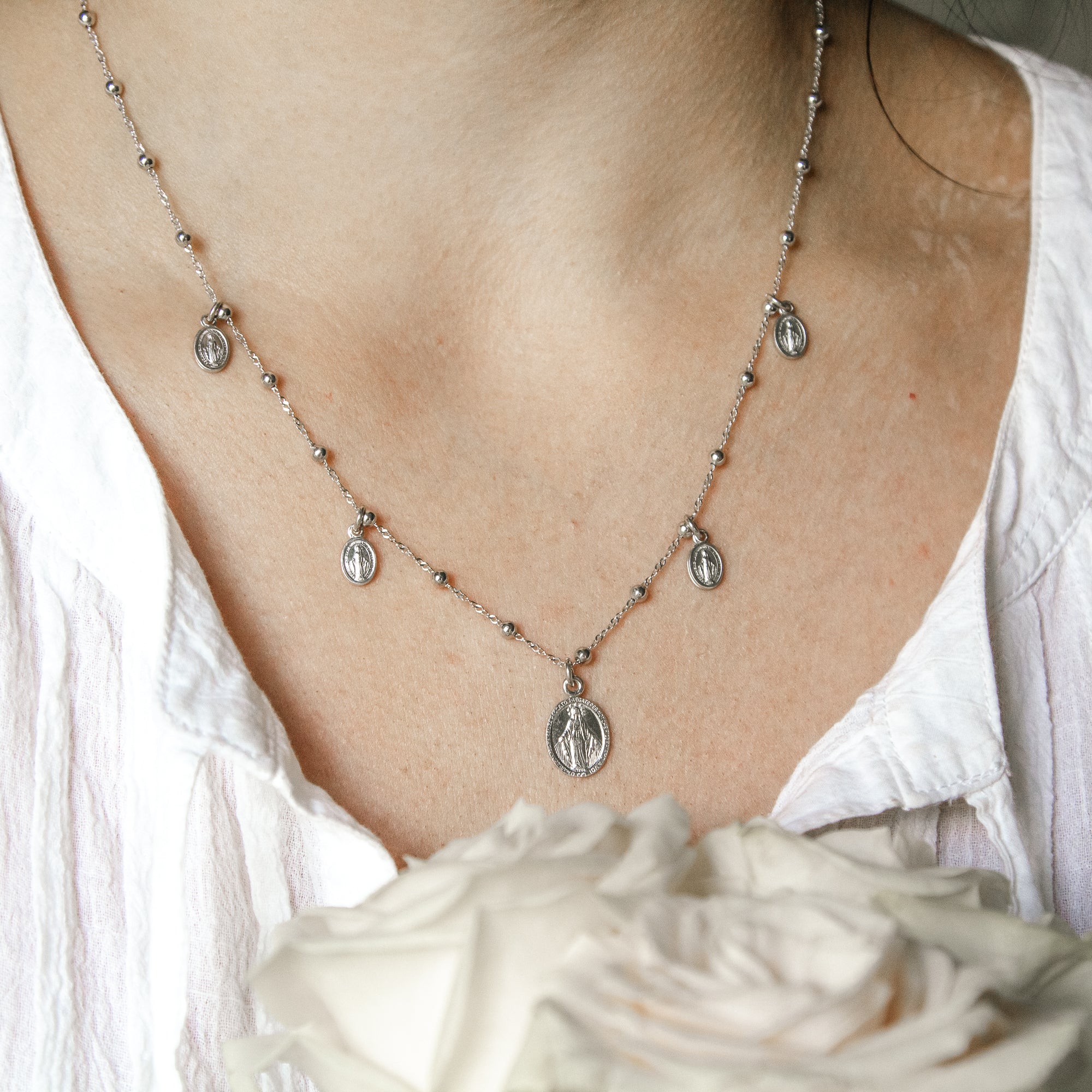 Italian Sterling Silver Beaded Miraculous Necklace - Image 4
