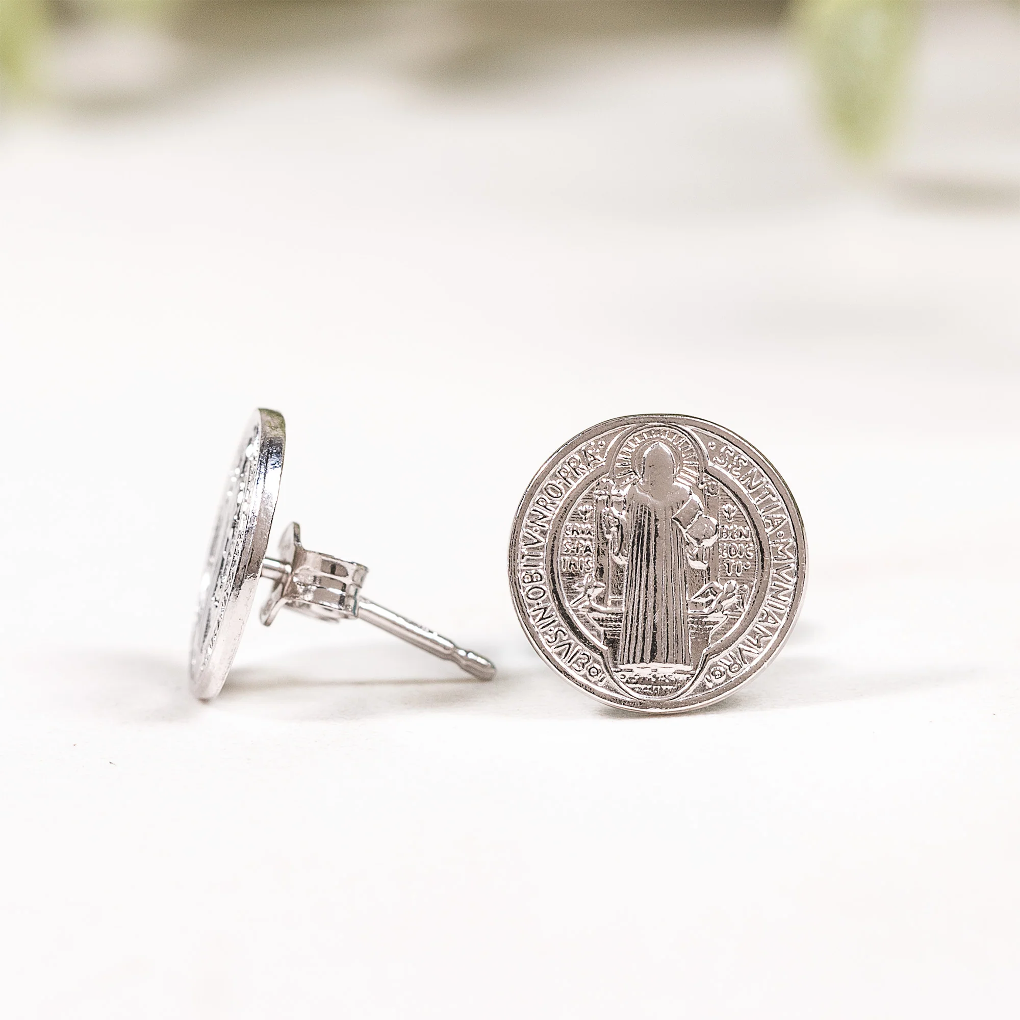 Italian Sterling Silver St. Benedict Medal Earrings - Image 2