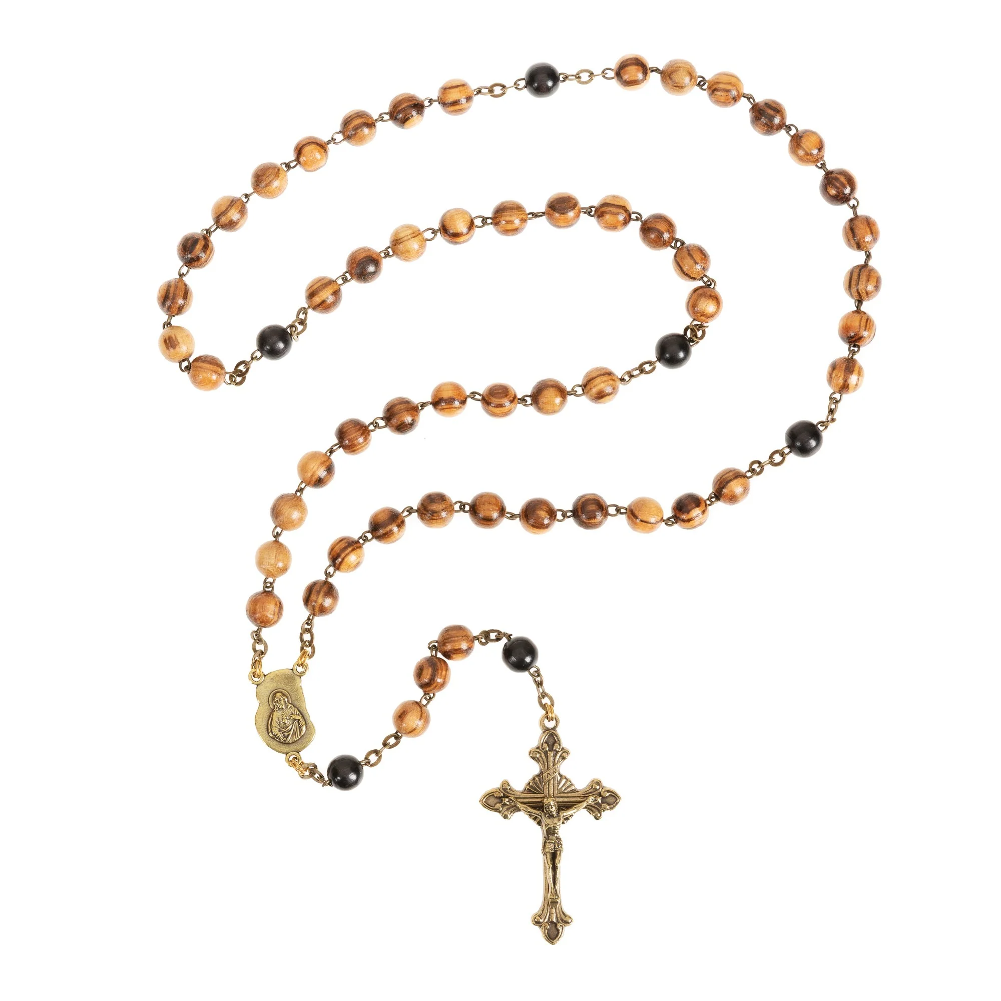 Italian Striped Wood and Gold Rosary - Image 2