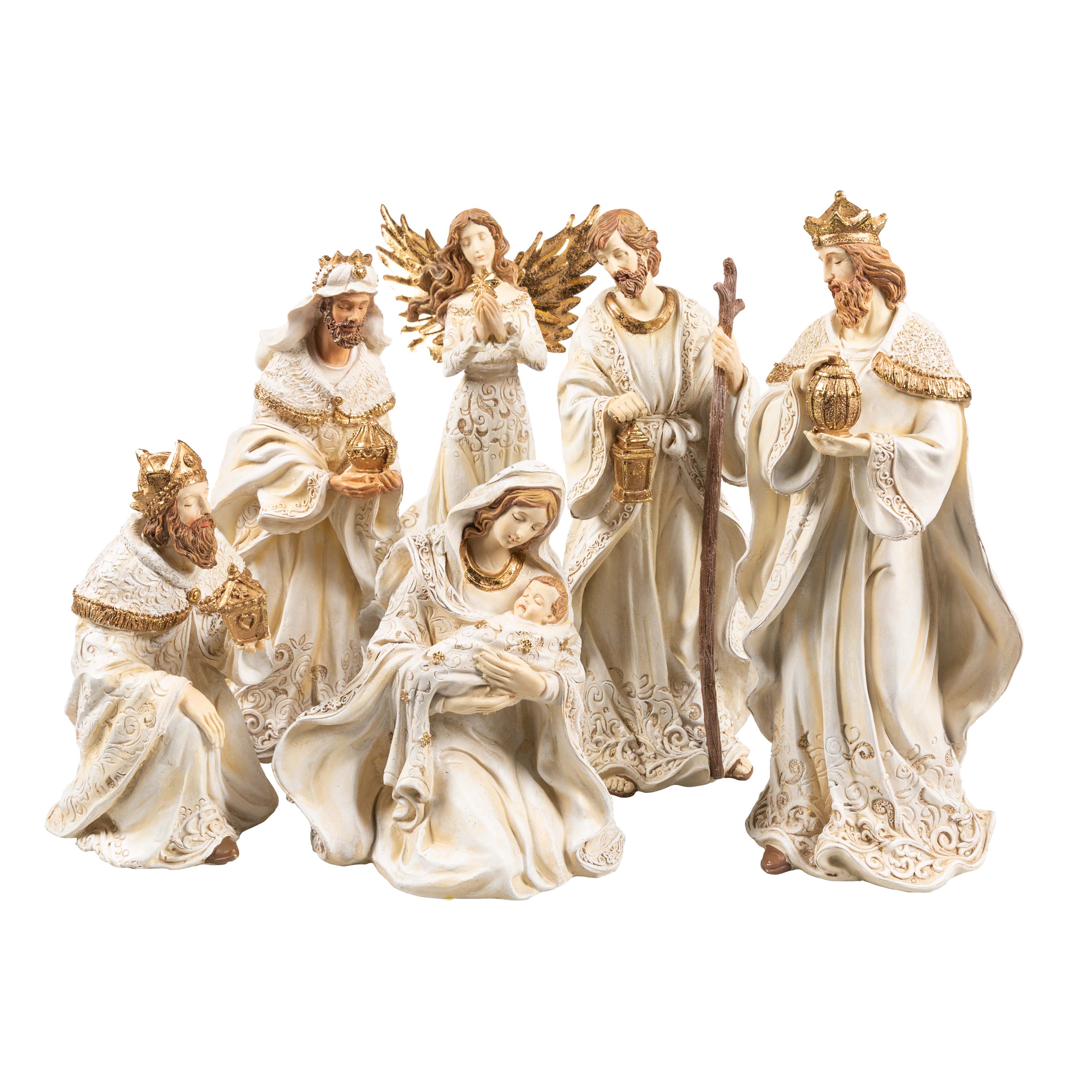 Ivory and Gold Lace Pattern Nativity - 6 Pieces - Image 2