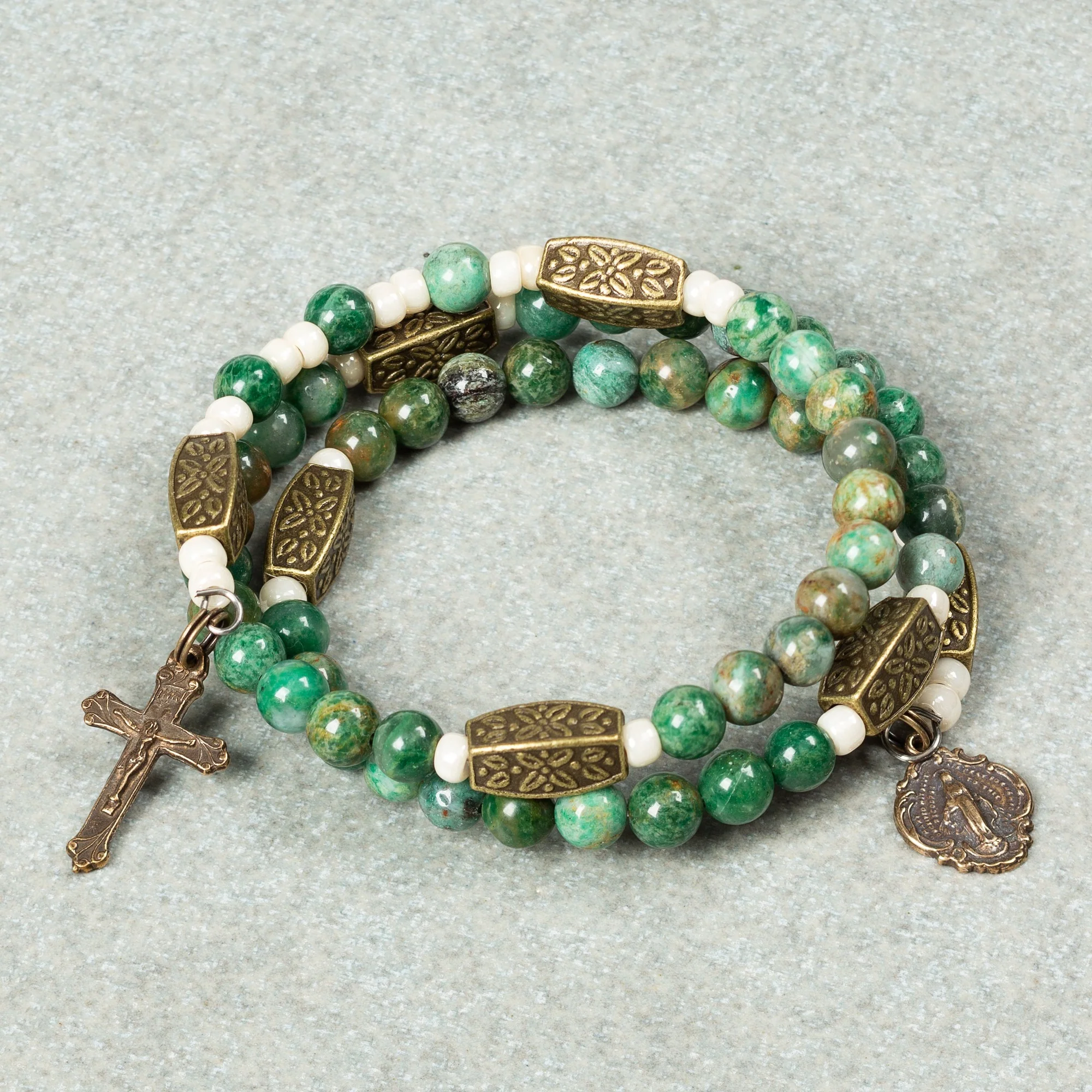 Jade Green & Brass Rosary Wrap Bracelet - Image 2